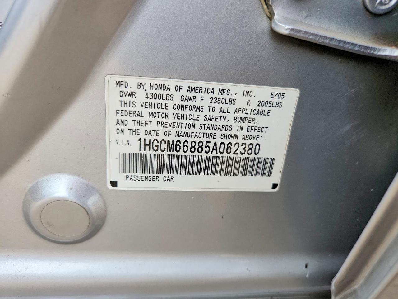 2005 Honda Accord Ex Silver vin: 1HGCM66885A062380