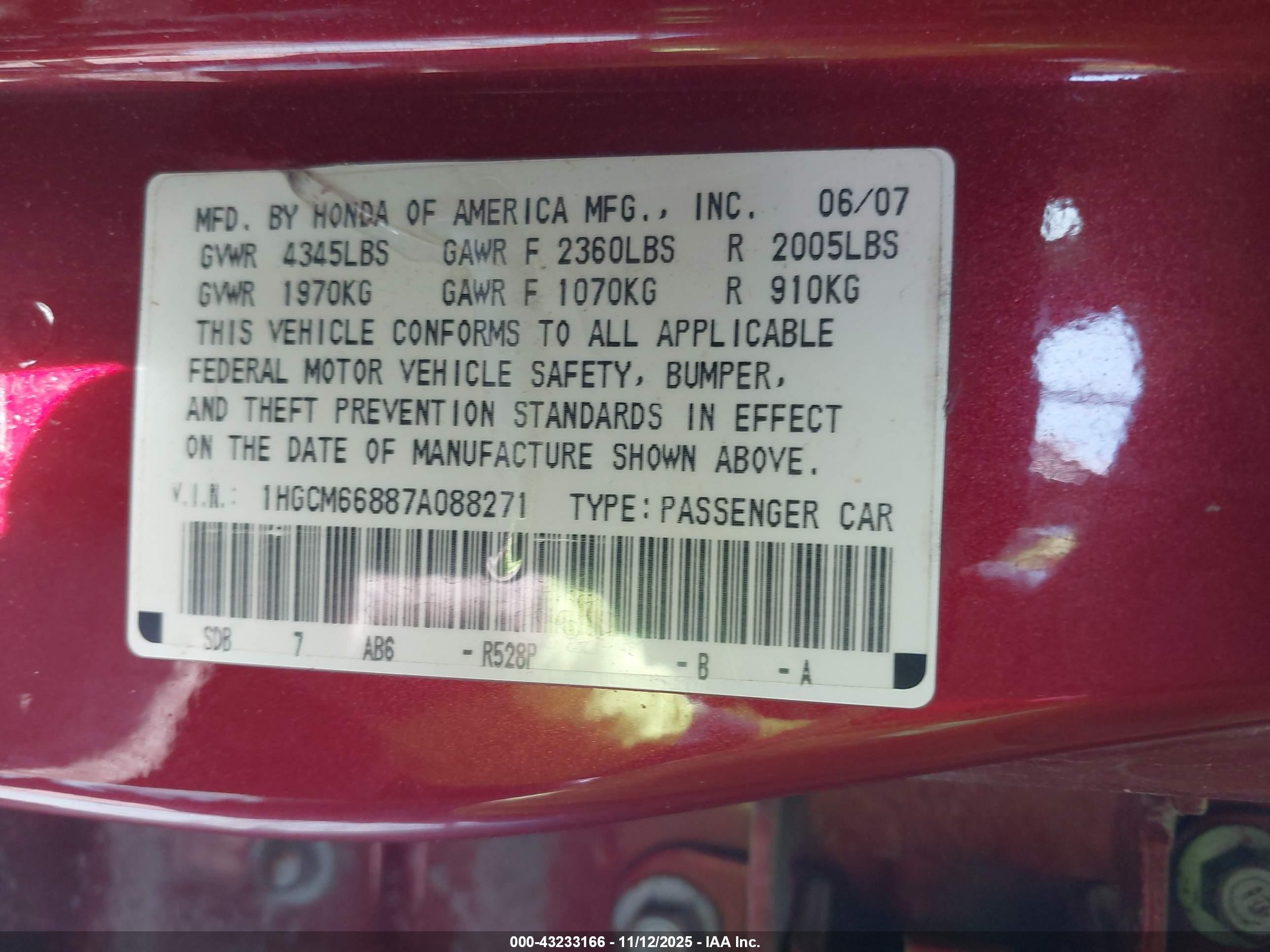 2007 Honda Accord 3.0 Ex Red vin: 1HGCM66887A088271