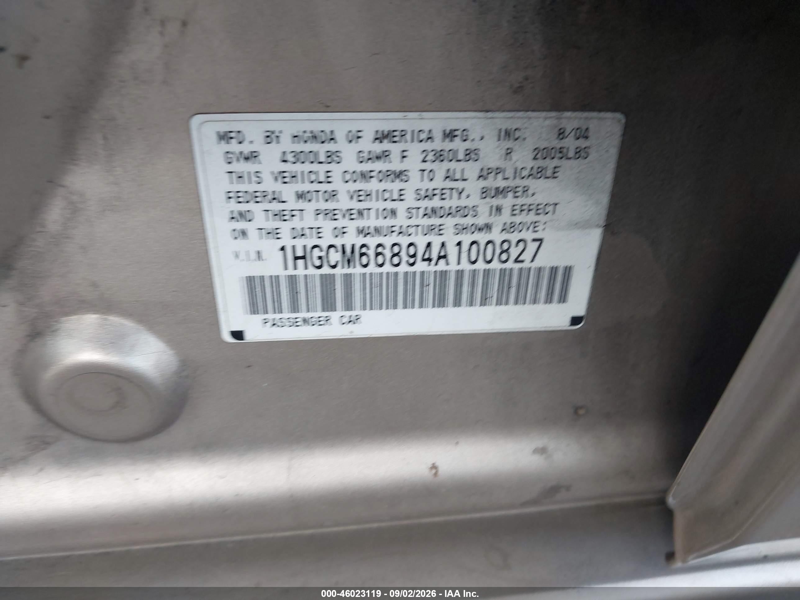 2004 Honda Accord 3.0 Ex Бежевый vin: 1HGCM66894A100827