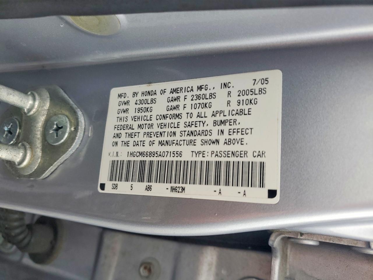 2005 Honda Accord Ex Серебряный vin: 1HGCM66895A071556
