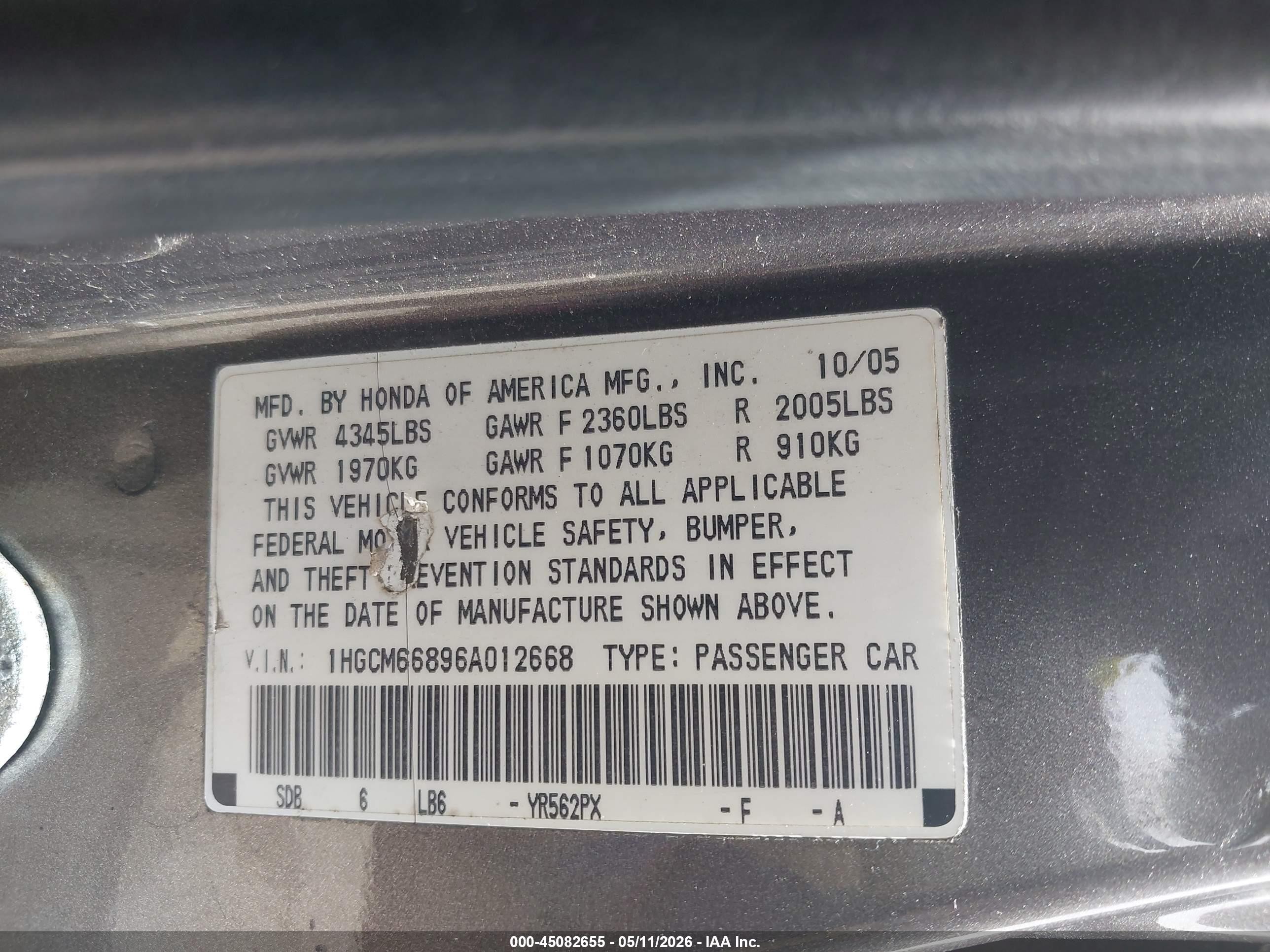 2006 Honda Accord 3.0 Ex Gray vin: 1HGCM66896A012668