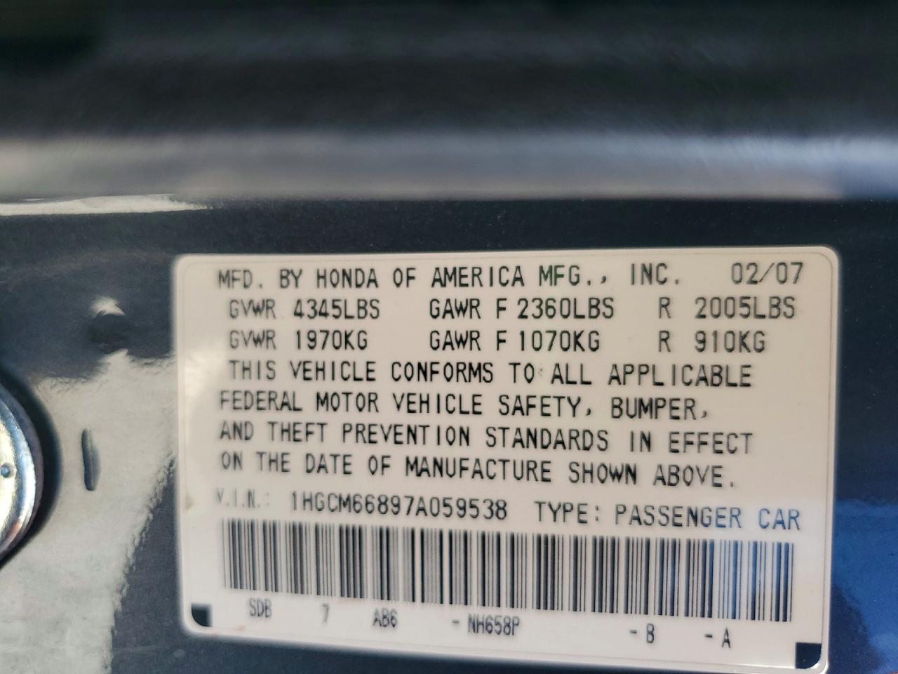 2007 Honda Accord Ex Gray vin: 1HGCM66897A059538