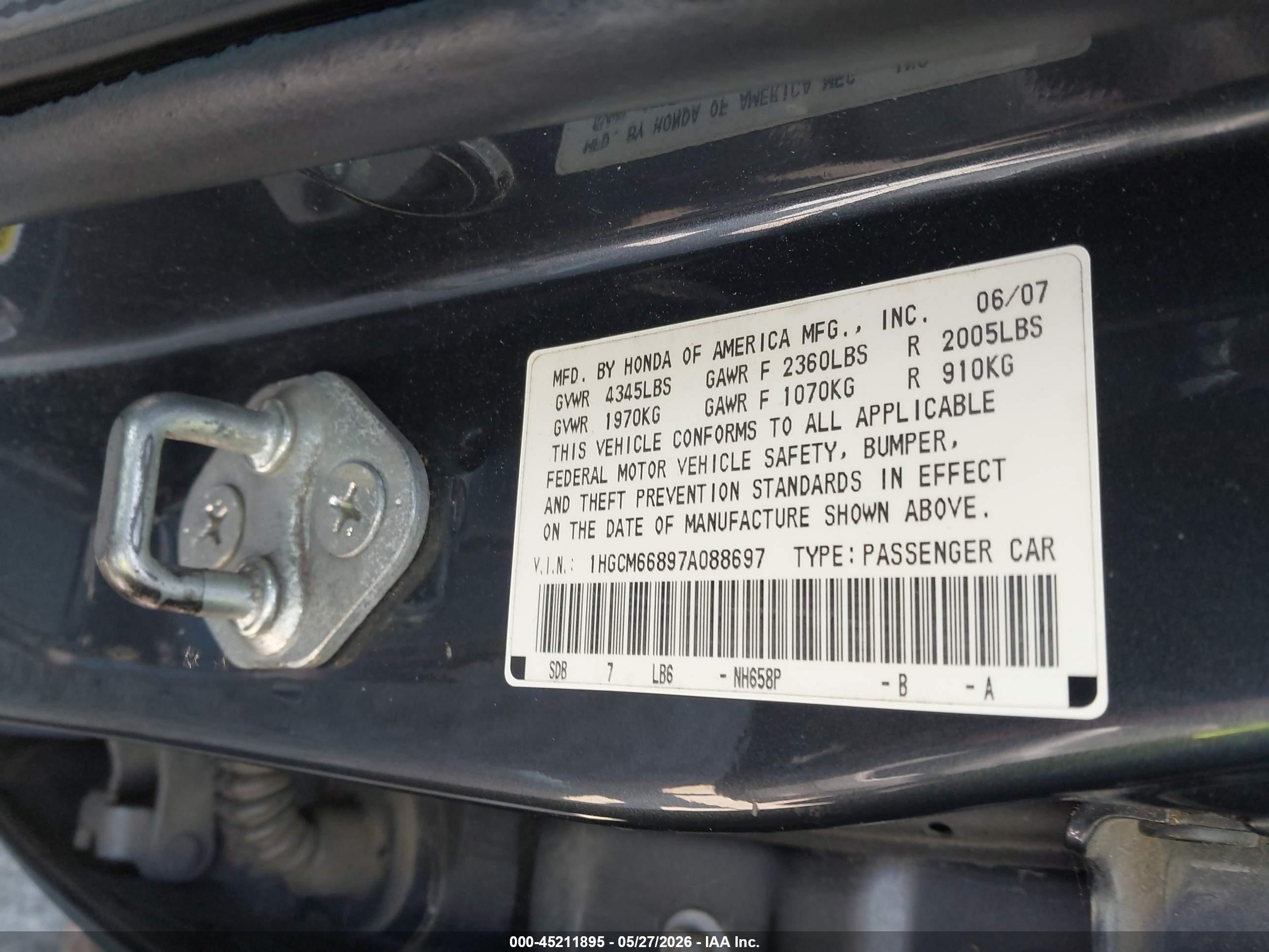 2007 Honda Accord 3.0 Ex Gray vin: 1HGCM66897A088697