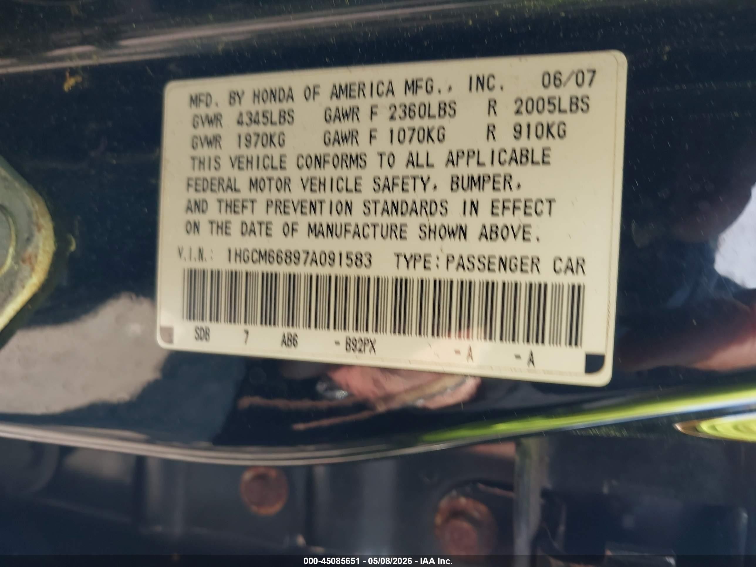 2007 Honda Accord 3.0 Ex Black vin: 1HGCM66897A091583