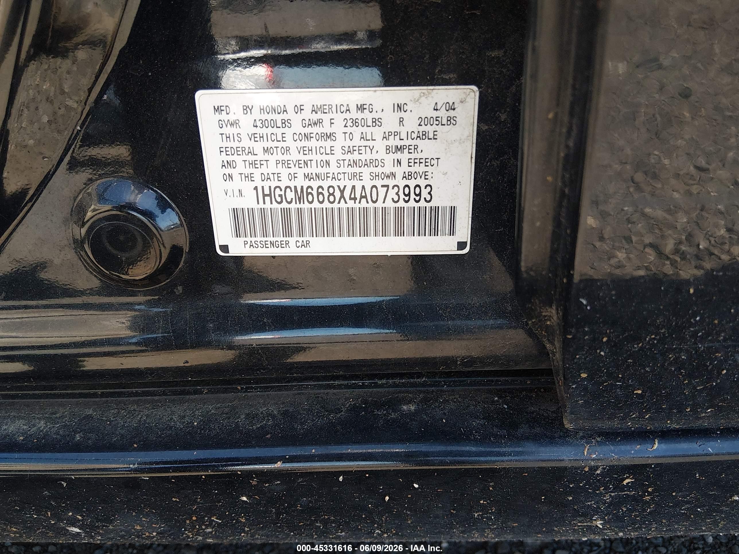 2004 Honda Accord 3.0 Ex Черный vin: 1HGCM668X4A073993