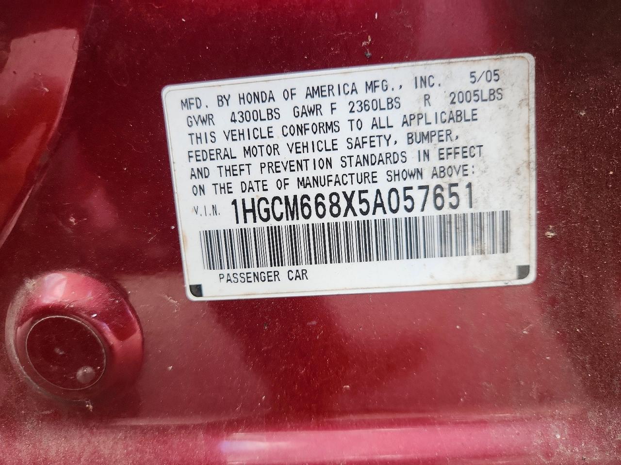 2005 Honda Accord Ex Maroon vin: 1HGCM668X5A057651