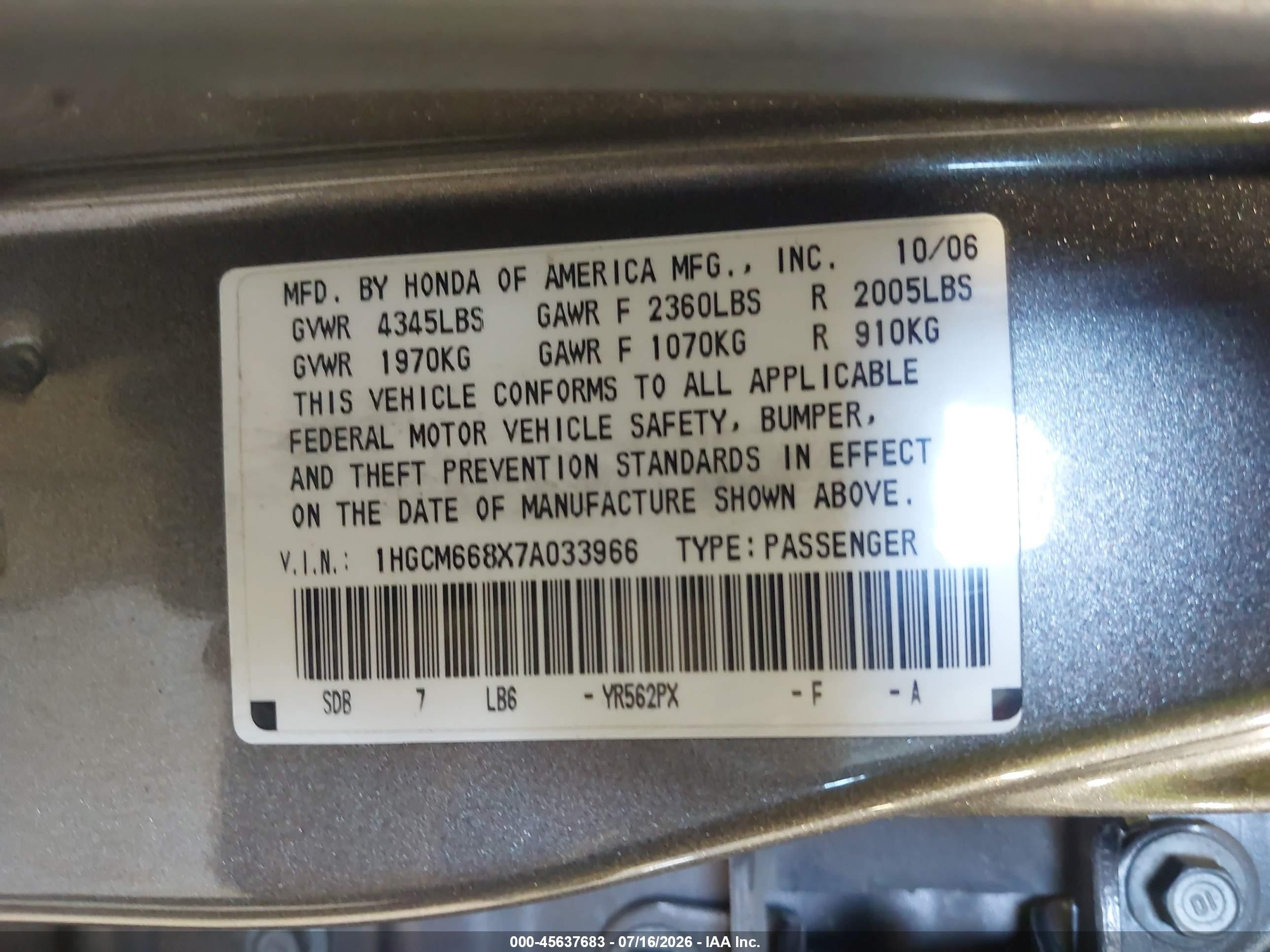 2007 Honda Accord 3.0 Ex Tan vin: 1HGCM668X7A033966