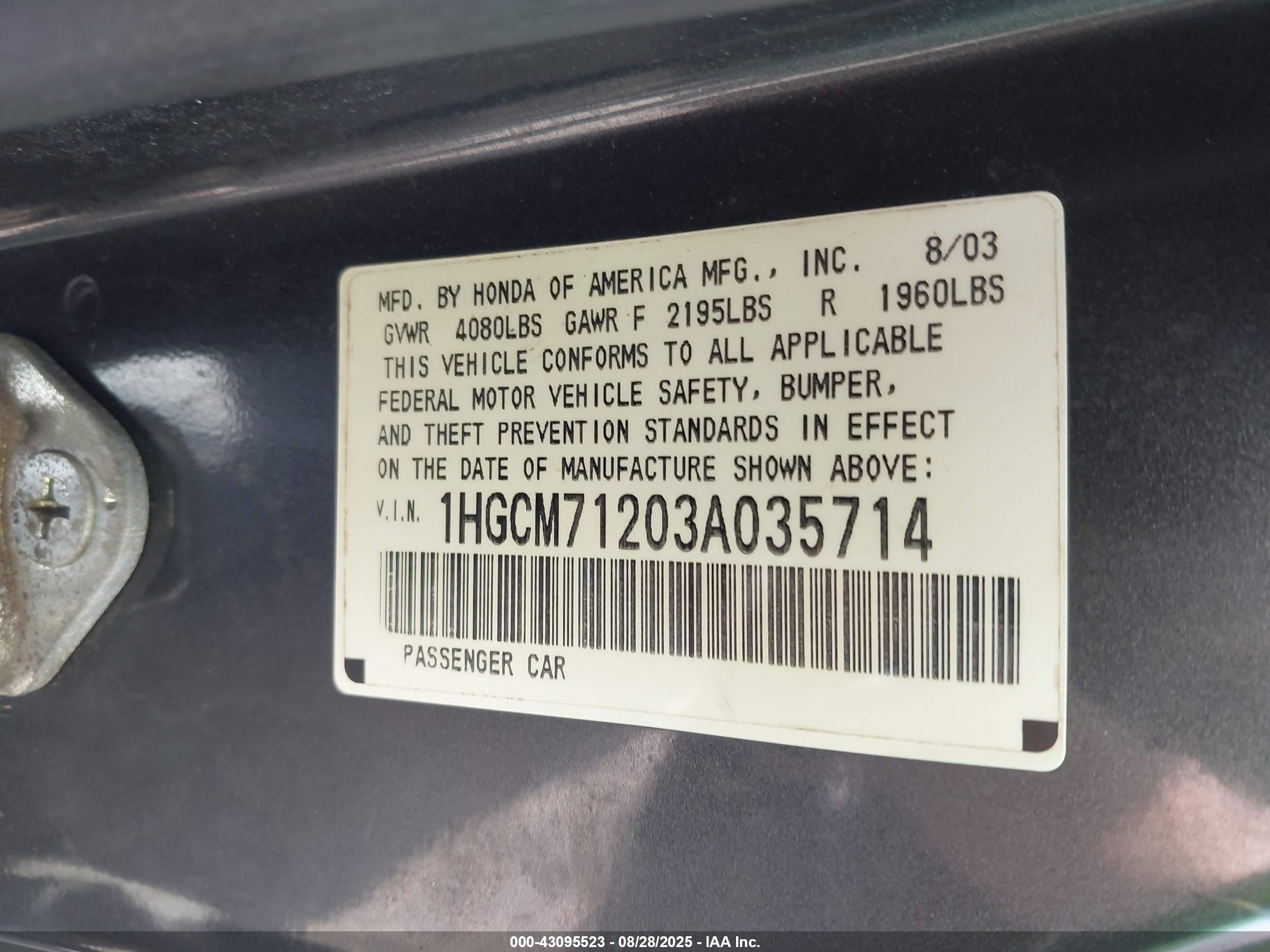 2003 Honda Accord 2.4 Lx Dark Blue vin: 1HGCM71203A035714