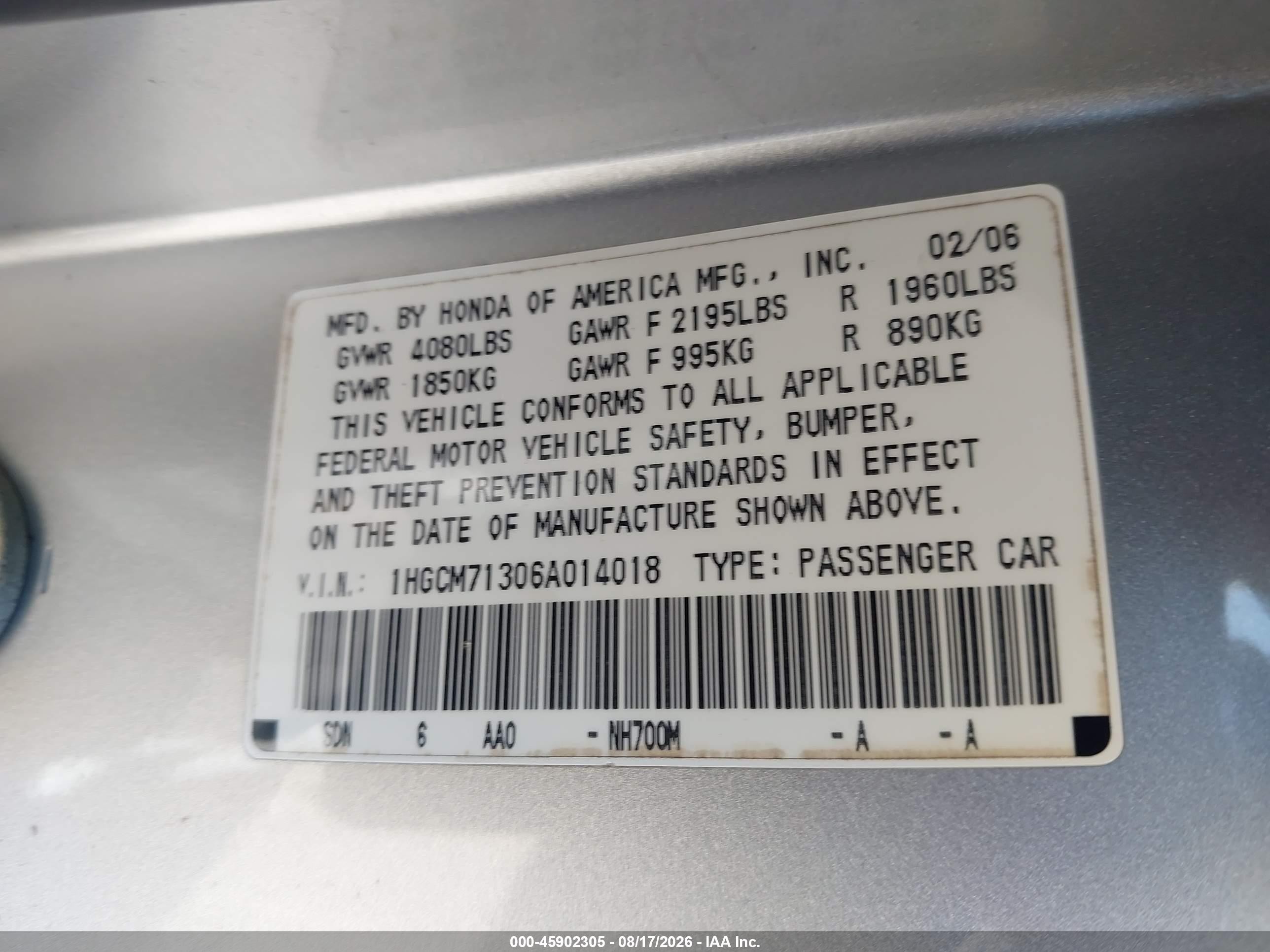 2006 Honda Accord 2.4 Lx Серебряный vin: 1HGCM71306A014018