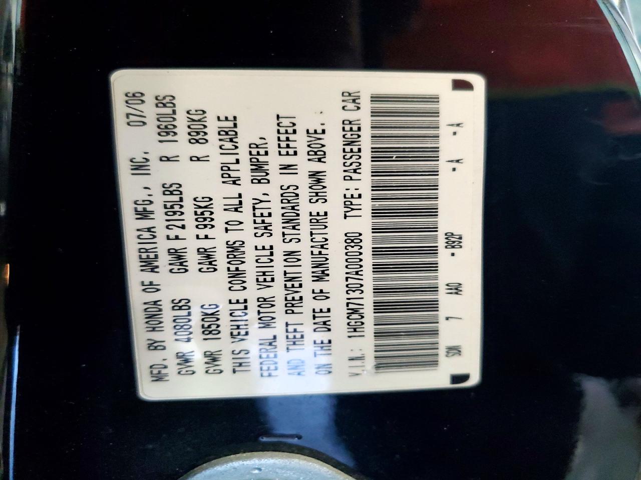 2007 Honda Accord Lx Black vin: 1HGCM71307A000380