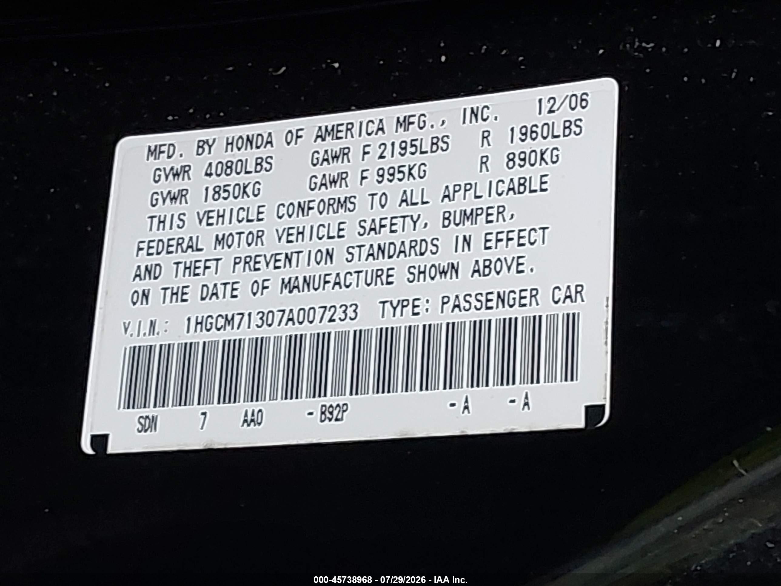 2007 Honda Accord 2.4 Lx Black vin: 1HGCM71307A007233