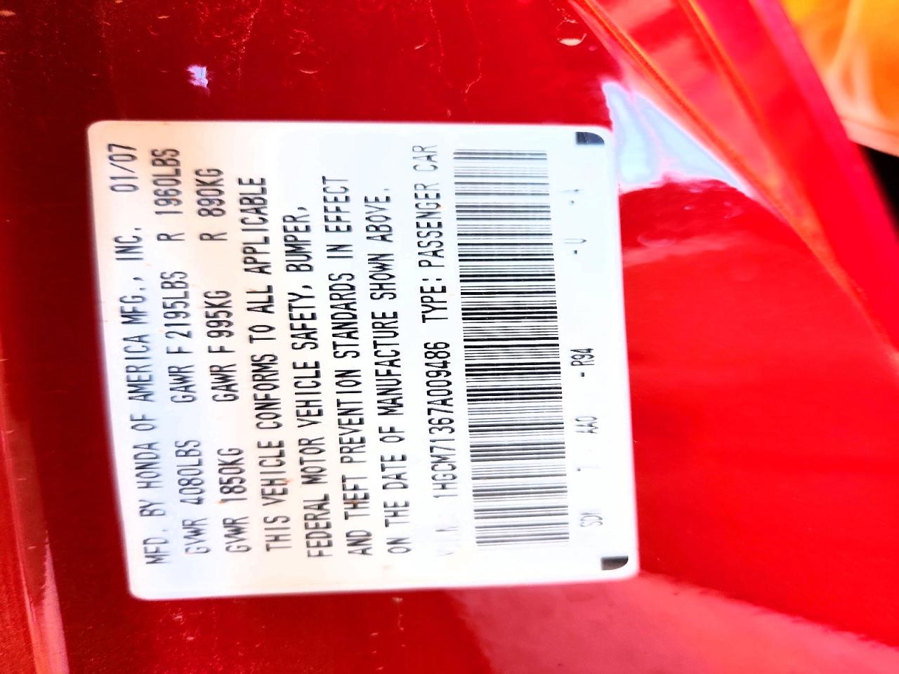 2007 Honda Accord Lx Красный vin: 1HGCM71367A009486