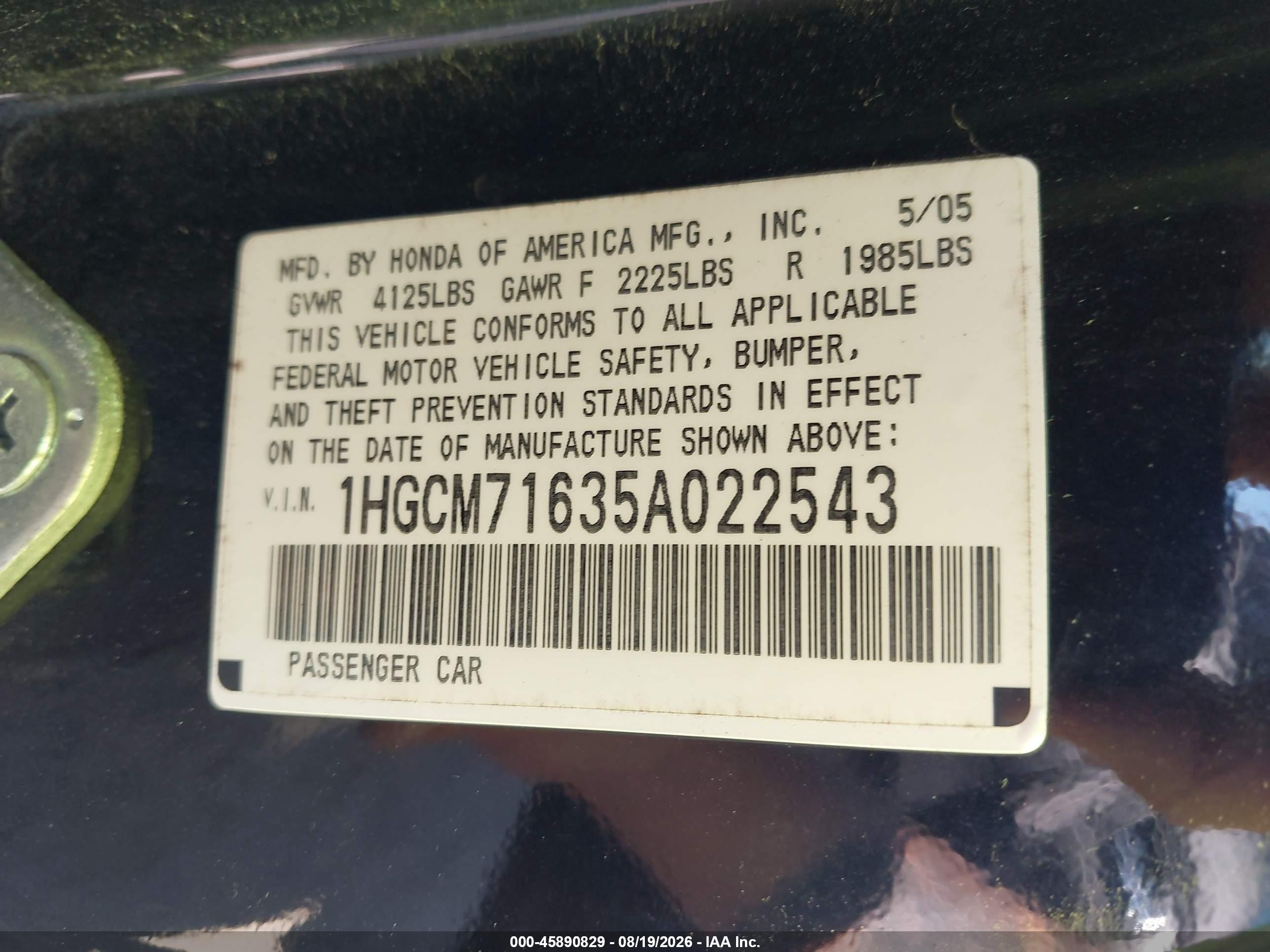 2005 Honda Accord 2.4 Ex Black vin: 1HGCM71635A022543