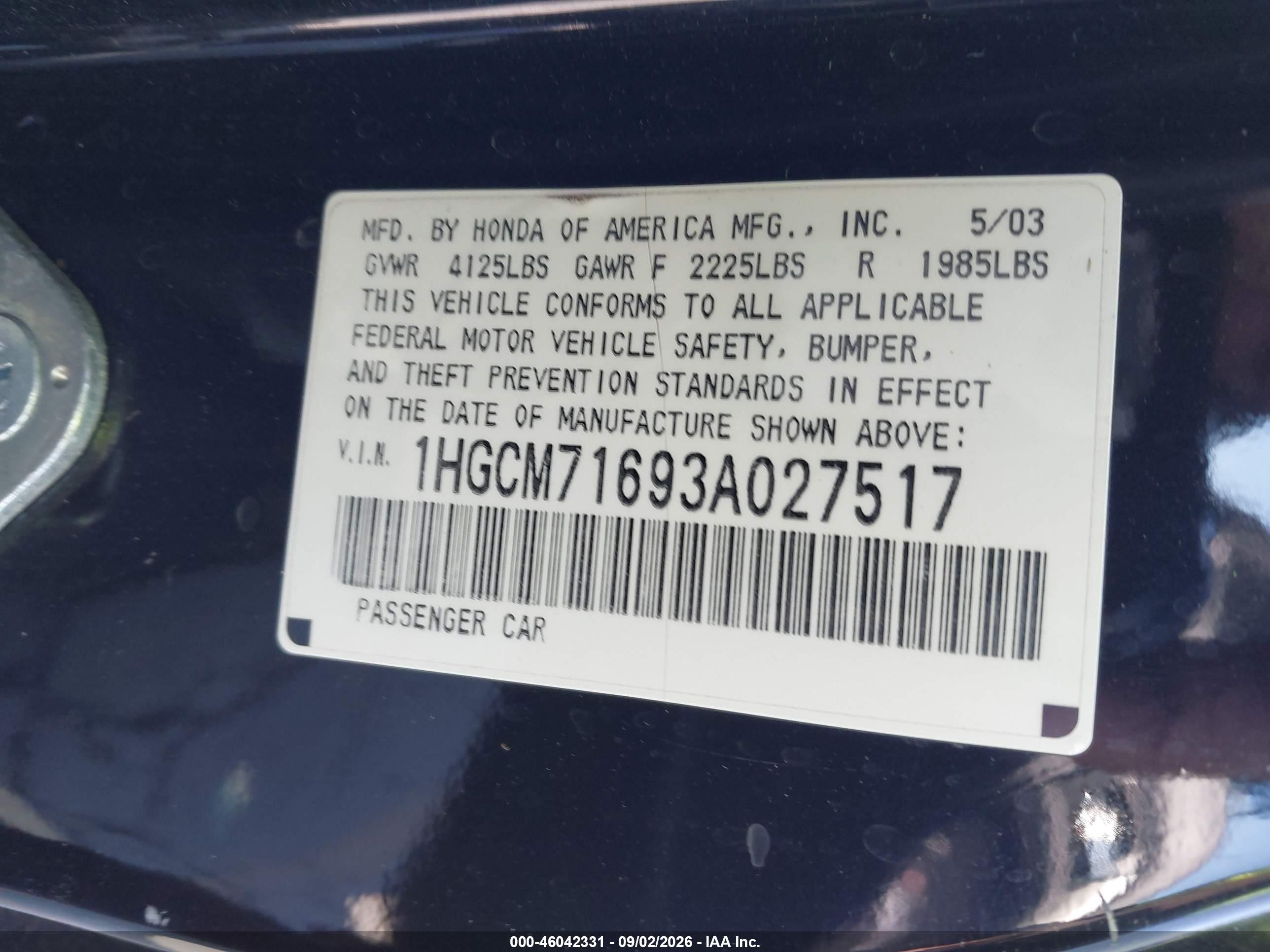 2003 Honda Accord 2.4 Ex Black vin: 1HGCM71693A027517