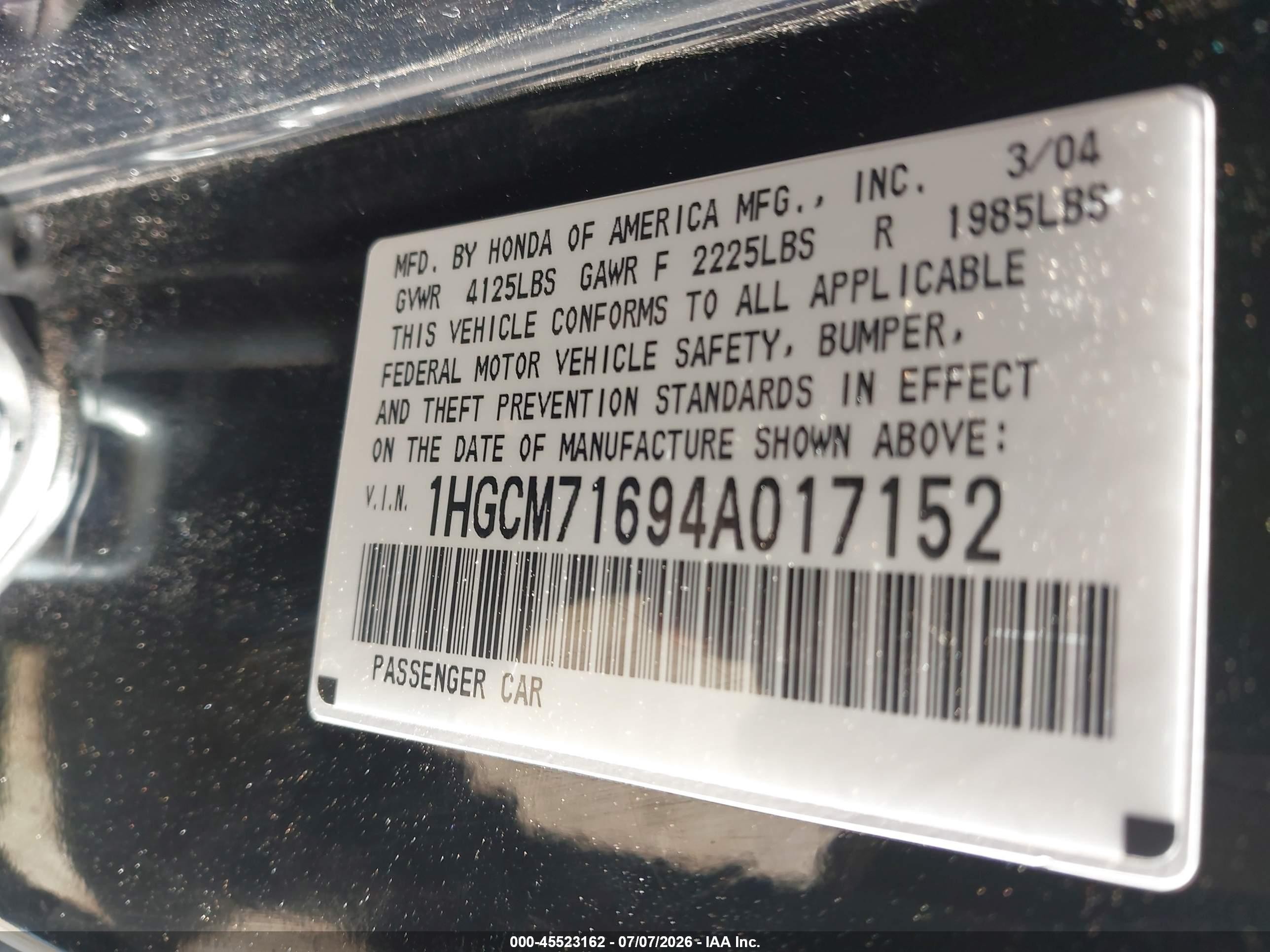 2004 Honda Accord 2.4 Ex Black vin: 1HGCM71694A017152
