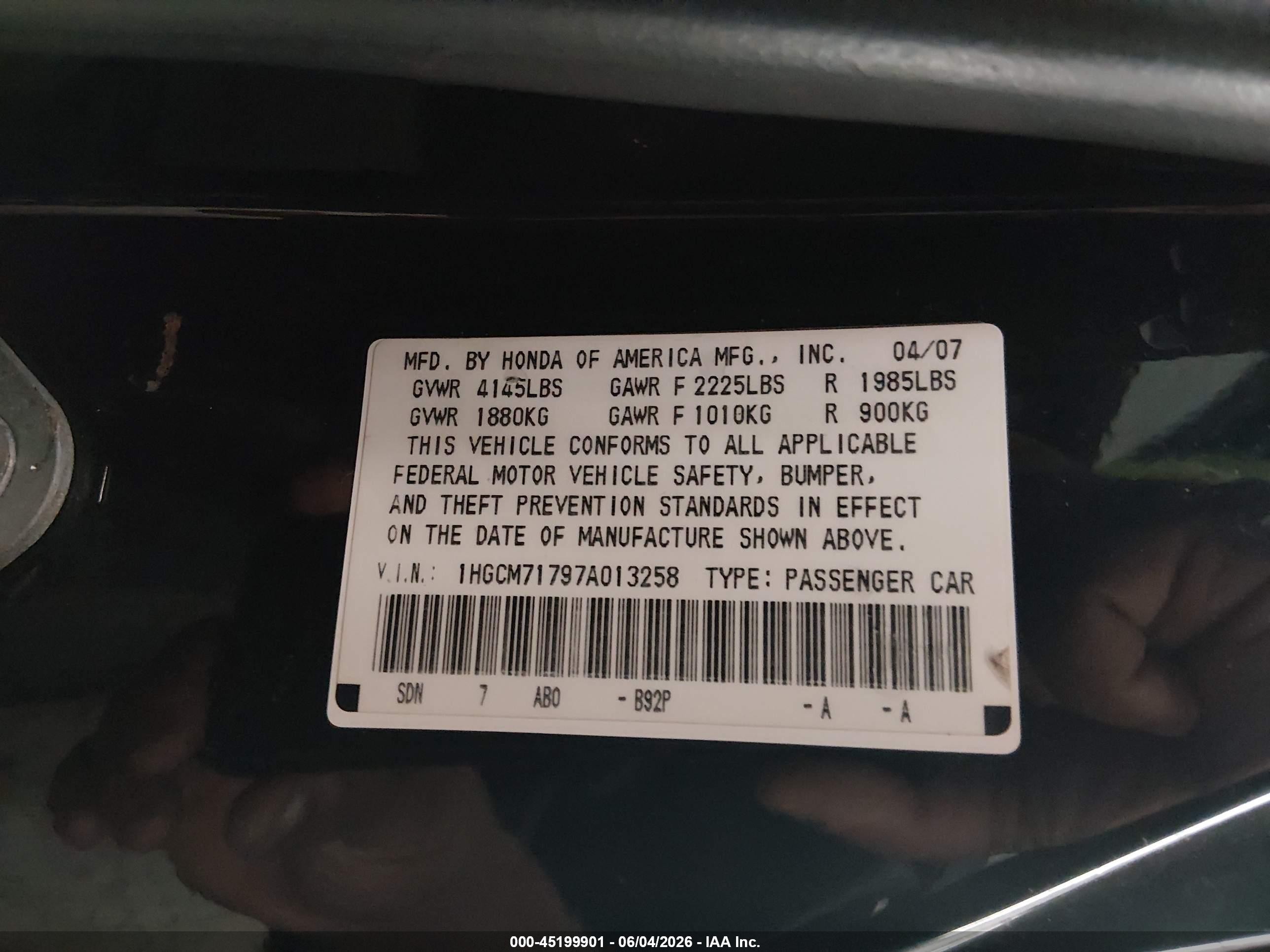 2007 Honda Accord 2.4 Ex Black vin: 1HGCM71797A013258