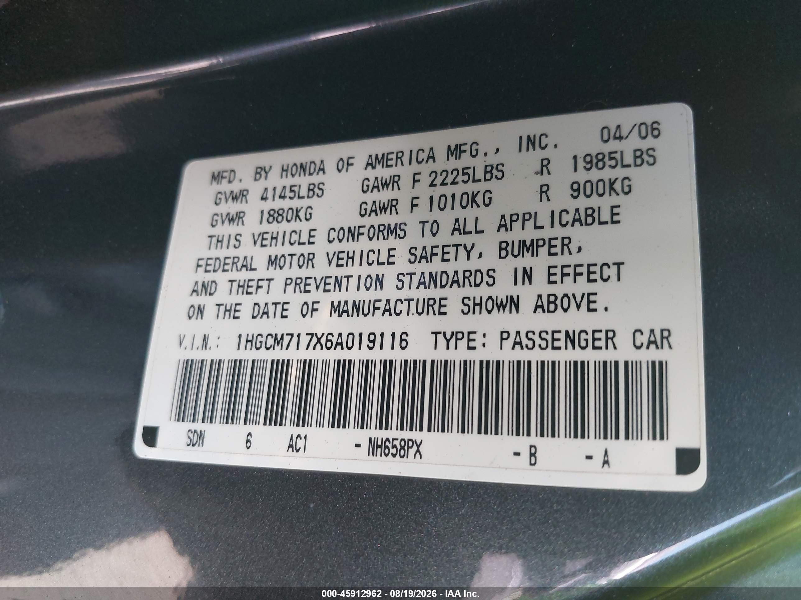 2006 Honda Accord 2.4 Ex Blue vin: 1HGCM717X6A019116