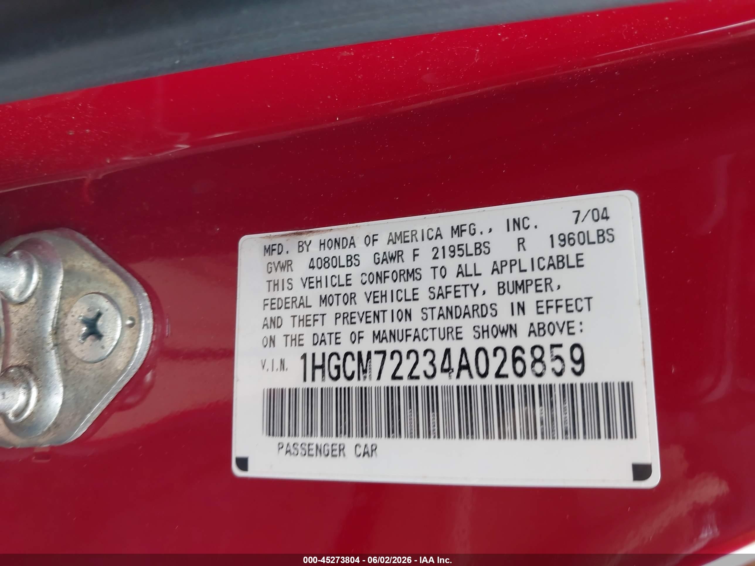 2004 Honda Accord 2.4 Lx Red vin: 1HGCM72234A026859