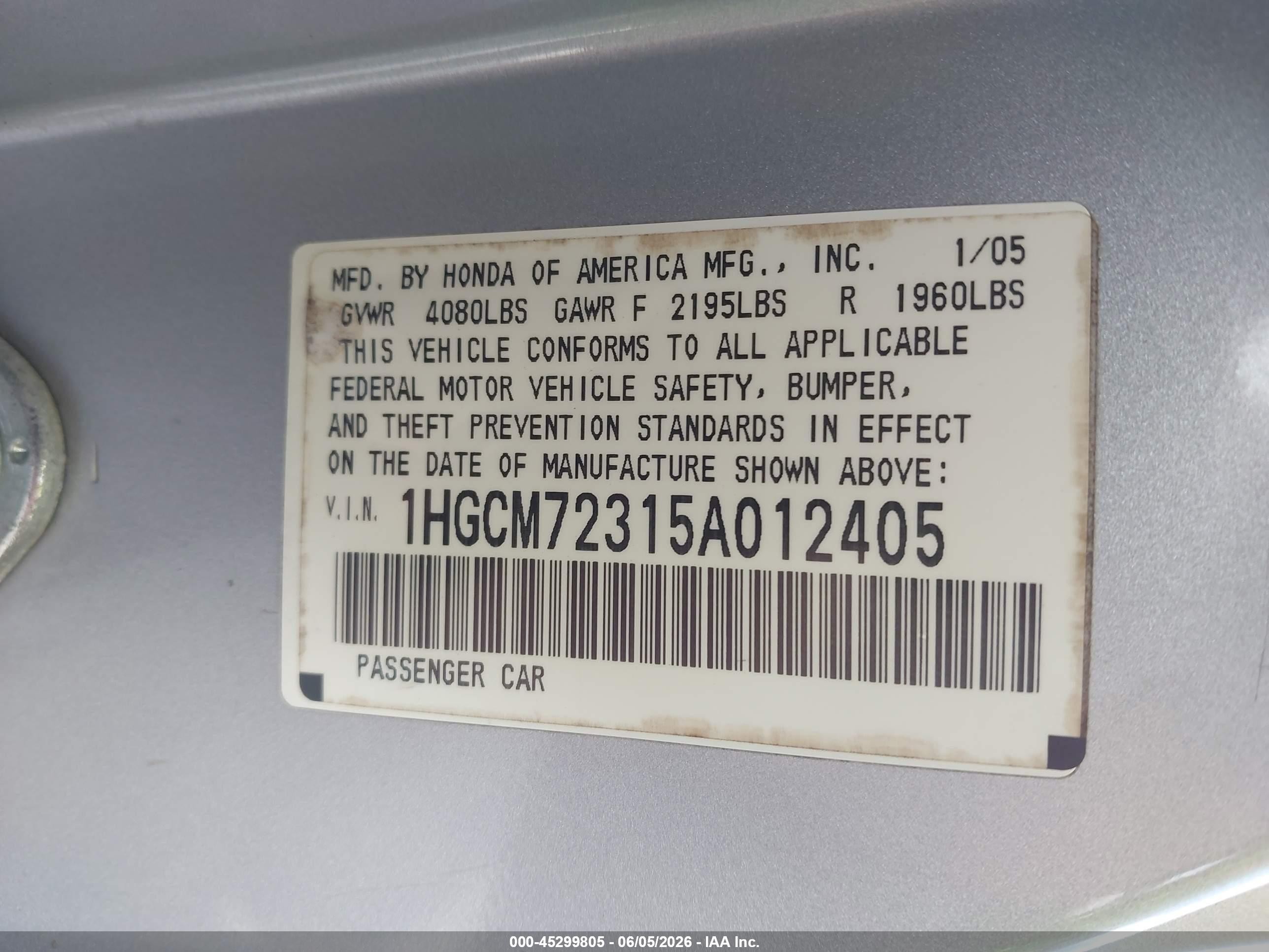 2005 Honda Accord 2.4 Lx Silver vin: 1HGCM72315A012405