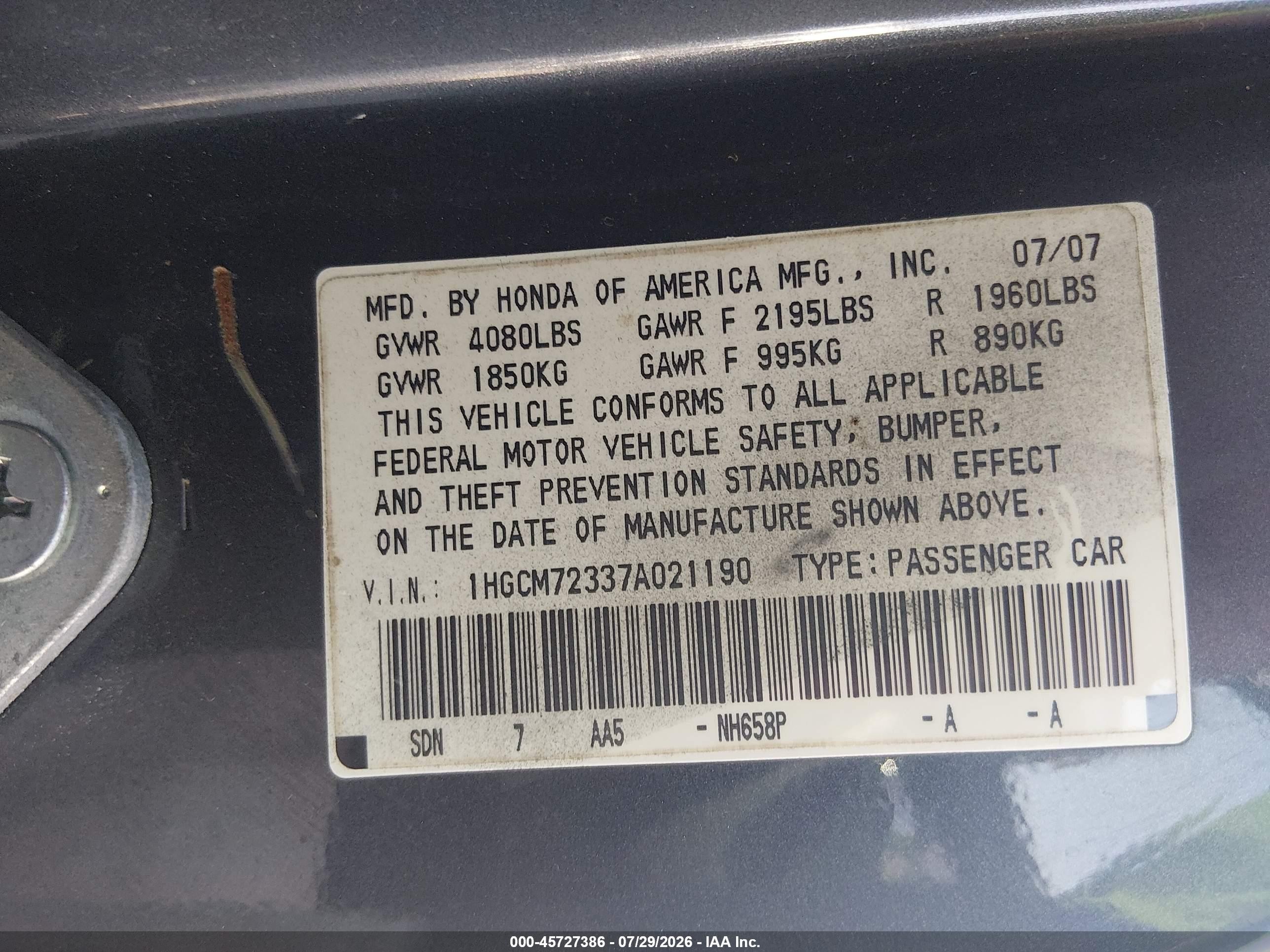 2007 Honda Accord 2.4 Lx Gray vin: 1HGCM72337A021190