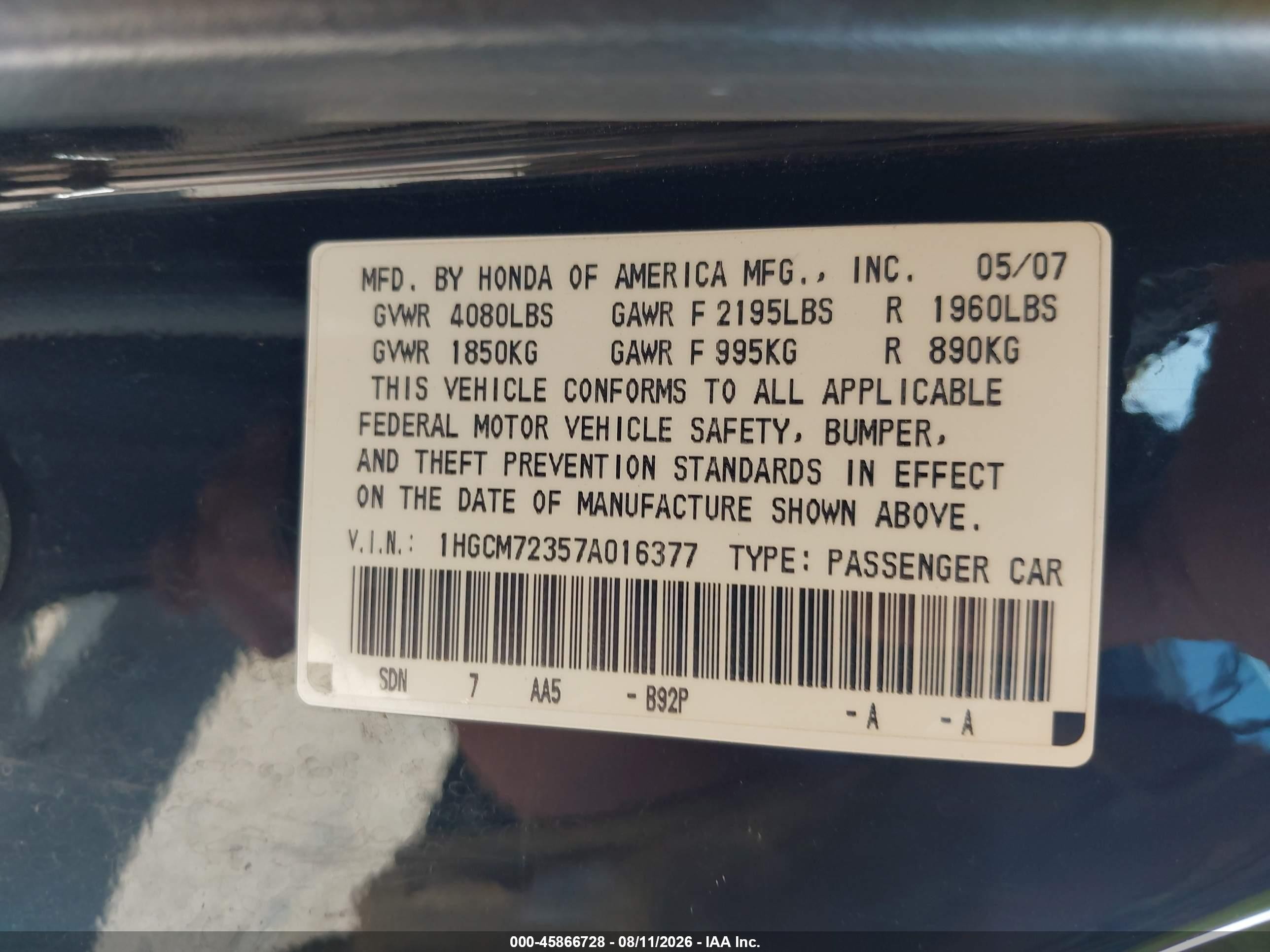2007 Honda Accord 2.4 Lx Black vin: 1HGCM72357A016377