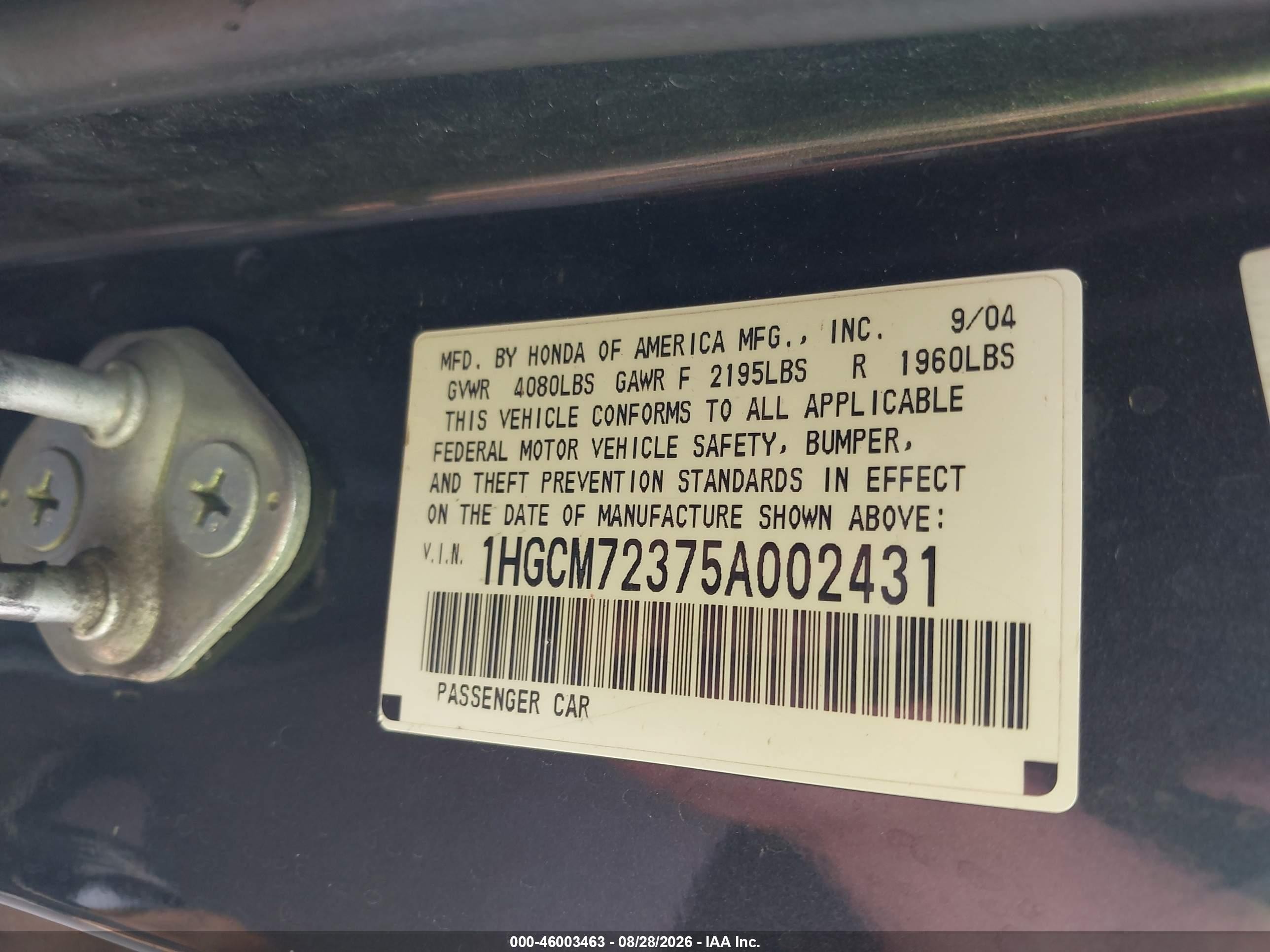 2005 Honda Accord 2.4 Lx Dark Blue vin: 1HGCM72375A002431