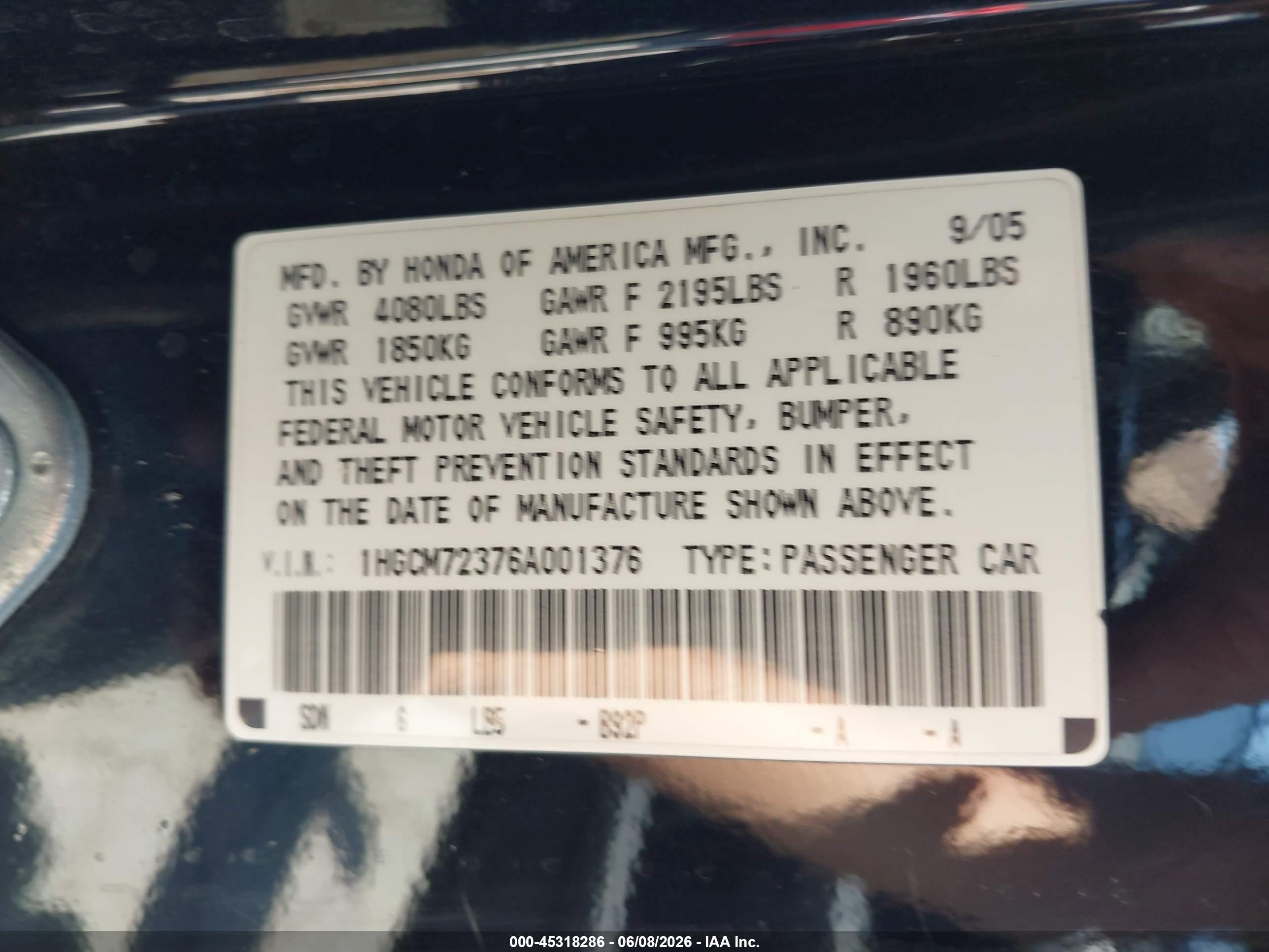 2006 Honda Accord 2.4 Lx Black vin: 1HGCM72376A001376
