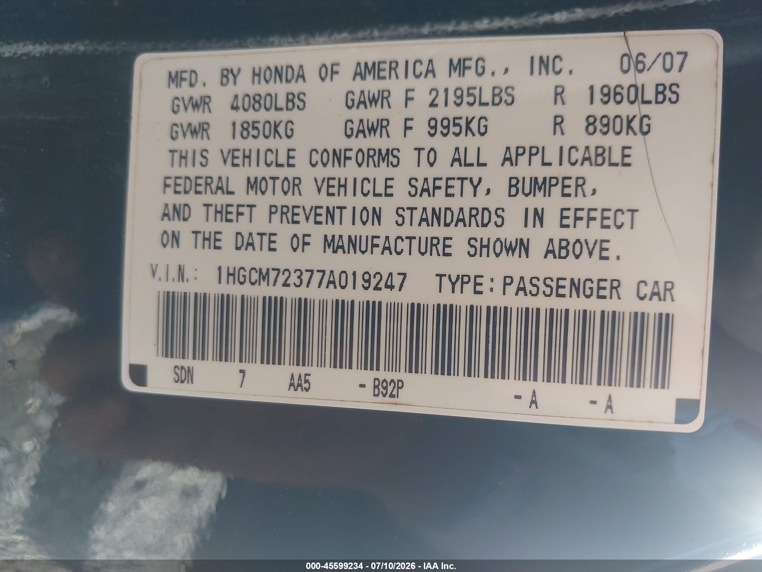 2007 Honda Accord 2.4 Lx Silver vin: 1HGCM72377A019247