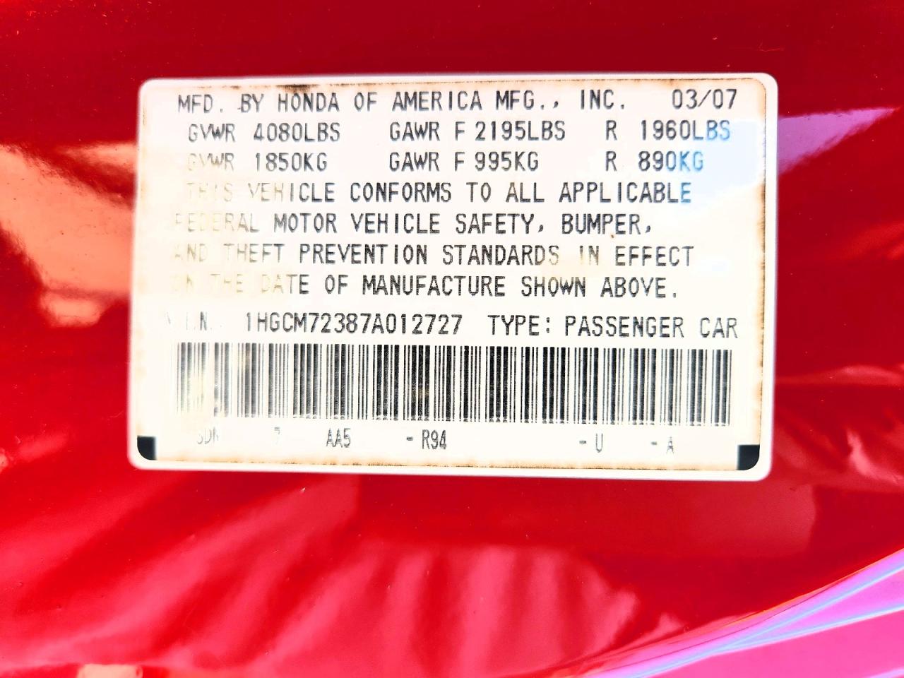 2007 Honda Accord Lx Red vin: 1HGCM72387A012727