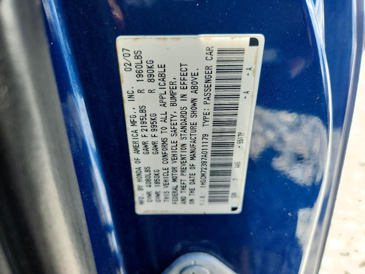 2007 Honda Accord Lx Blue vin: 1HGCM72397A011179