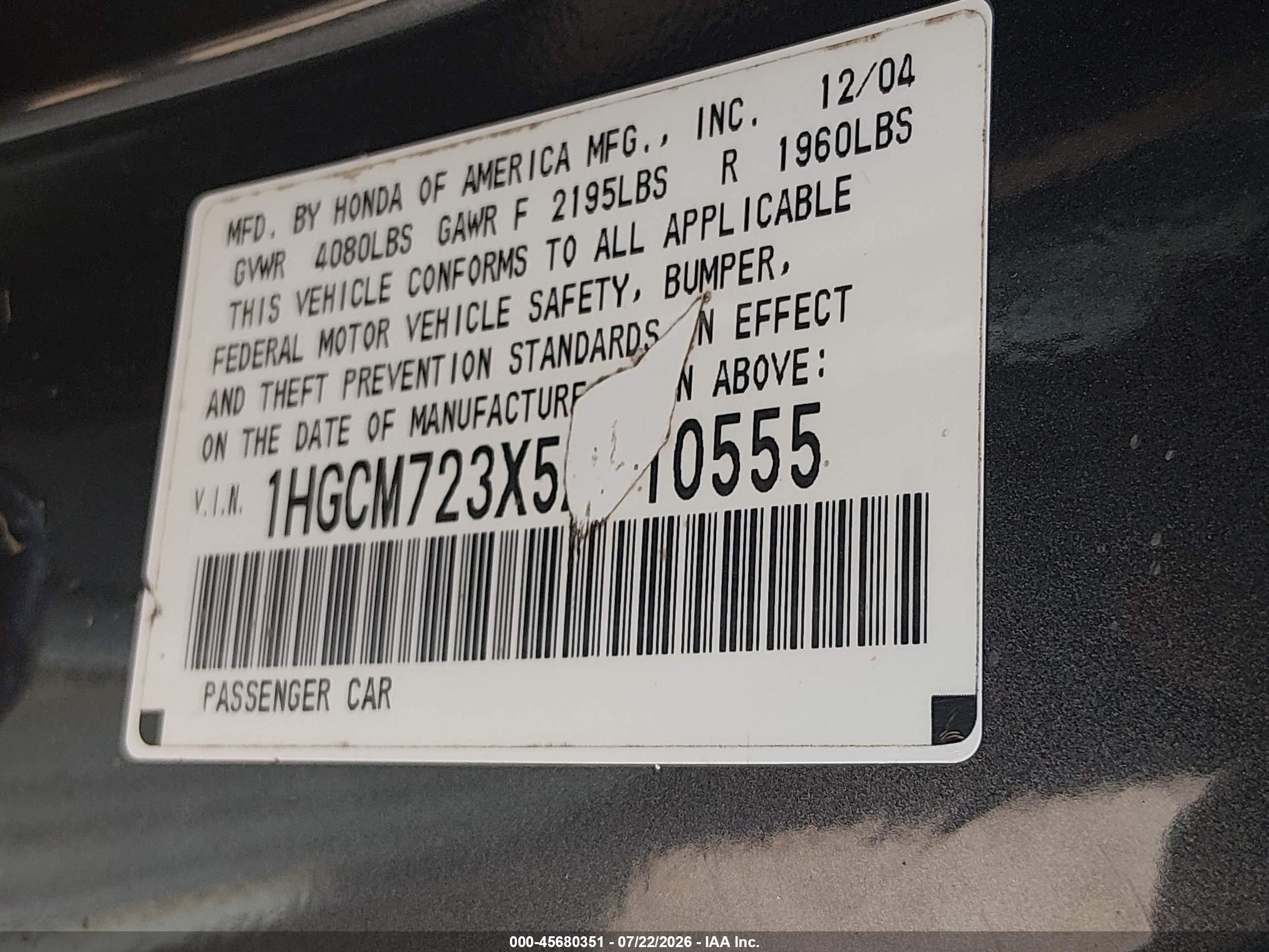 2005 Honda Accord 2.4 Lx Black vin: 1HGCM723X5A010555