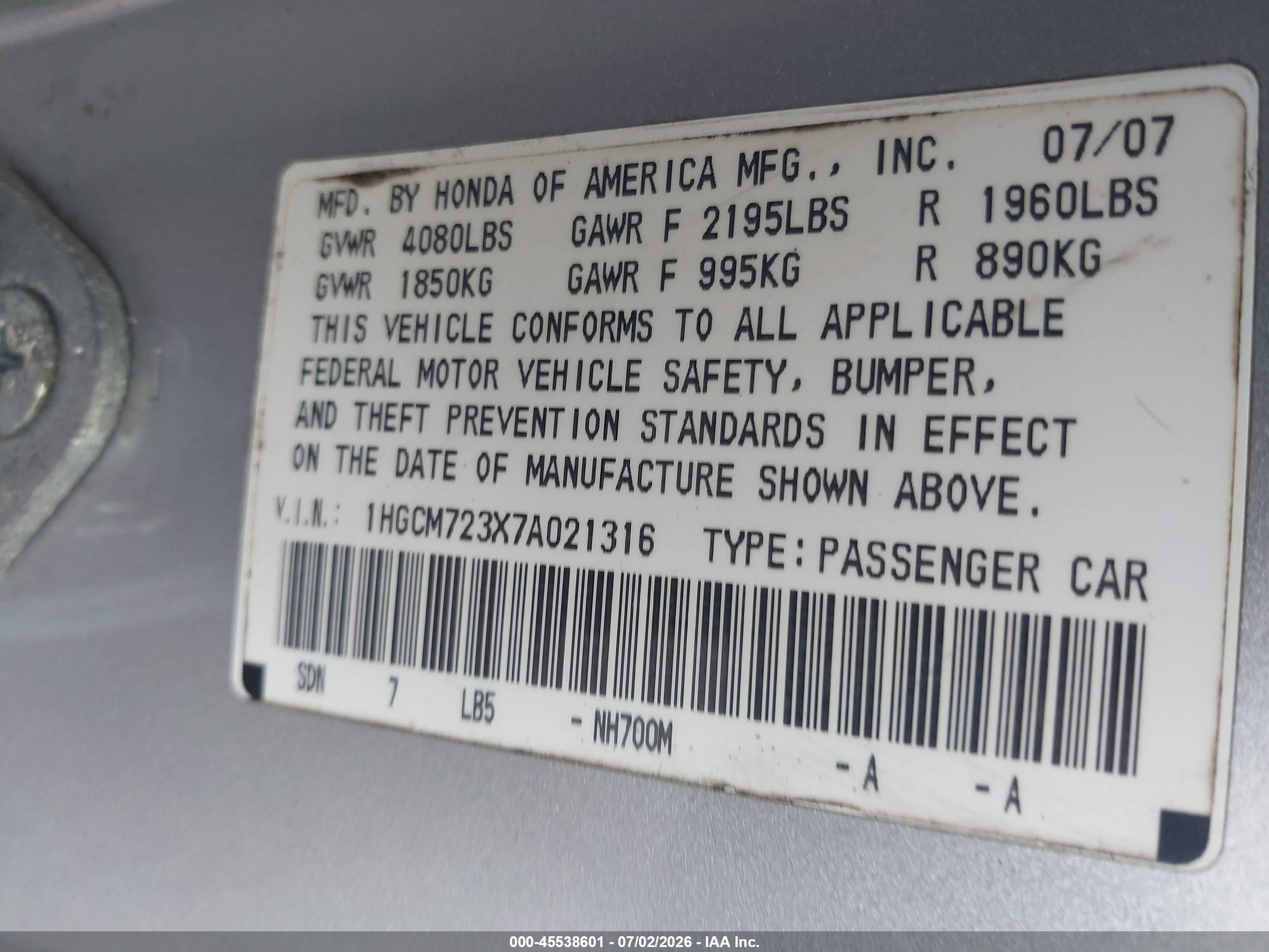 2007 Honda Accord 2.4 Lx Gray vin: 1HGCM723X7A021316