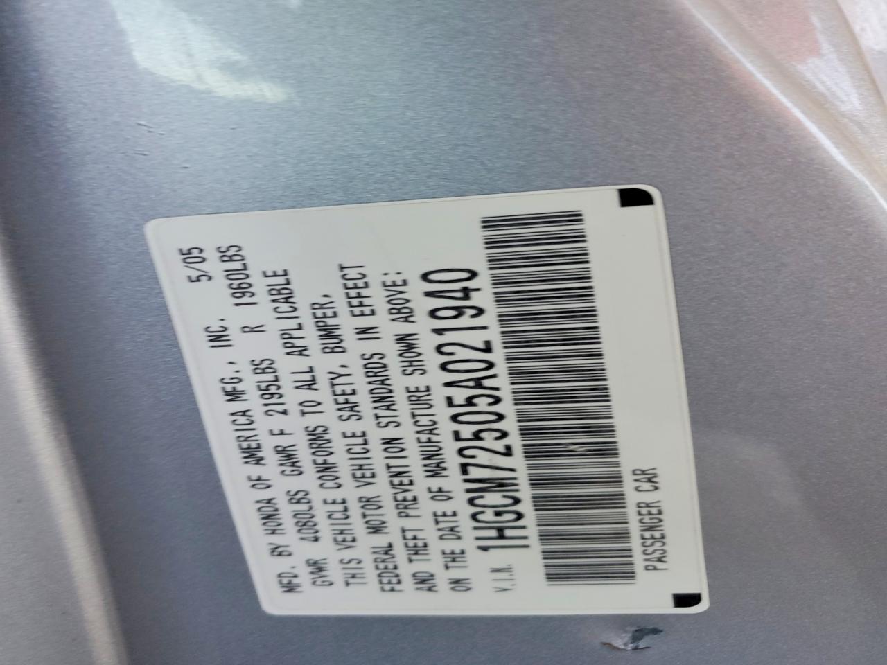 2005 Honda Accord Lx Silver vin: 1HGCM72505A021940