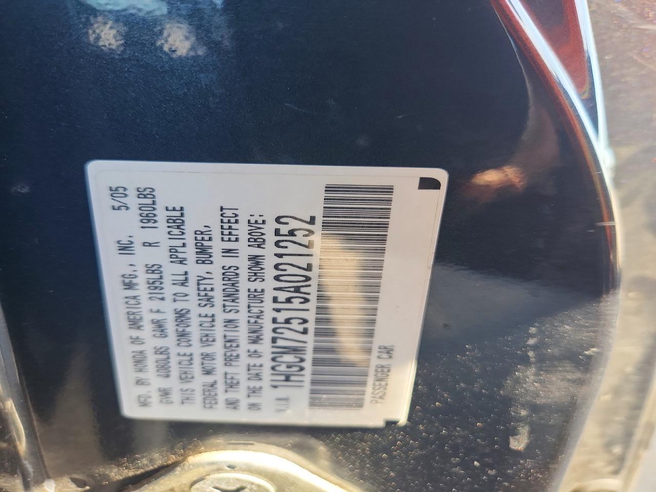 2005 Honda Accord Lx Black vin: 1HGCM72515A021252