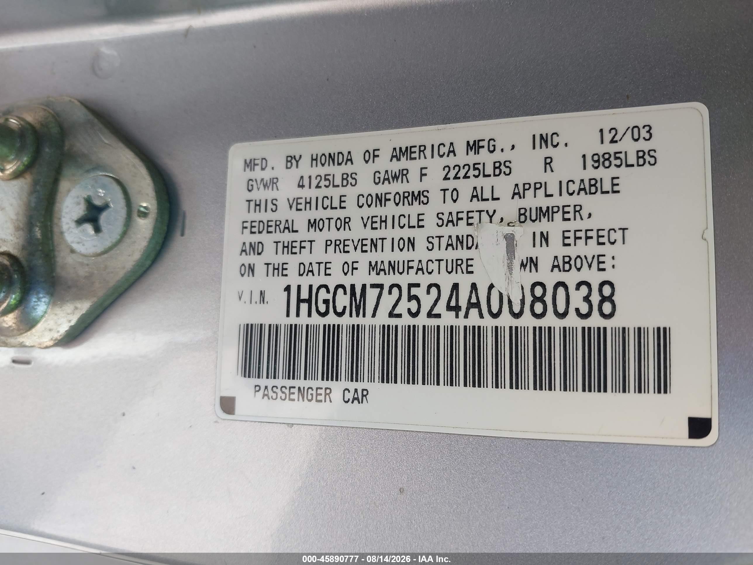 2004 Honda Accord 2.4 Ex Silver vin: 1HGCM72524A008038