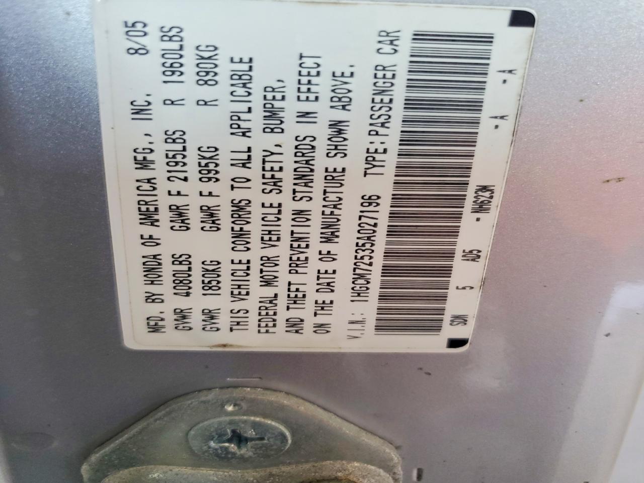 2005 Honda Accord Lx Silver vin: 1HGCM72535A027196