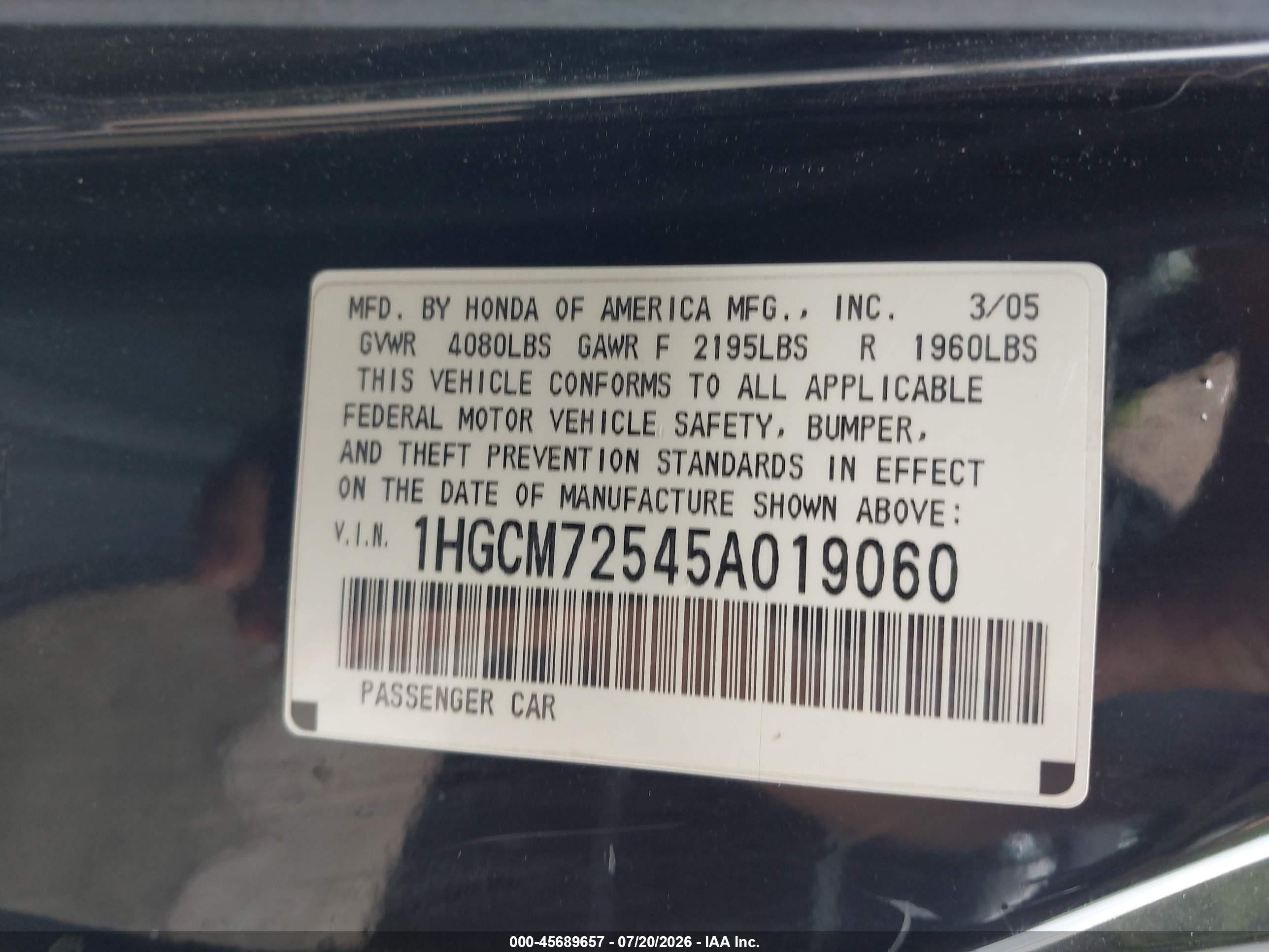 2005 Honda Accord 2.4 Lx Special Edition Black vin: 1HGCM72545A019060