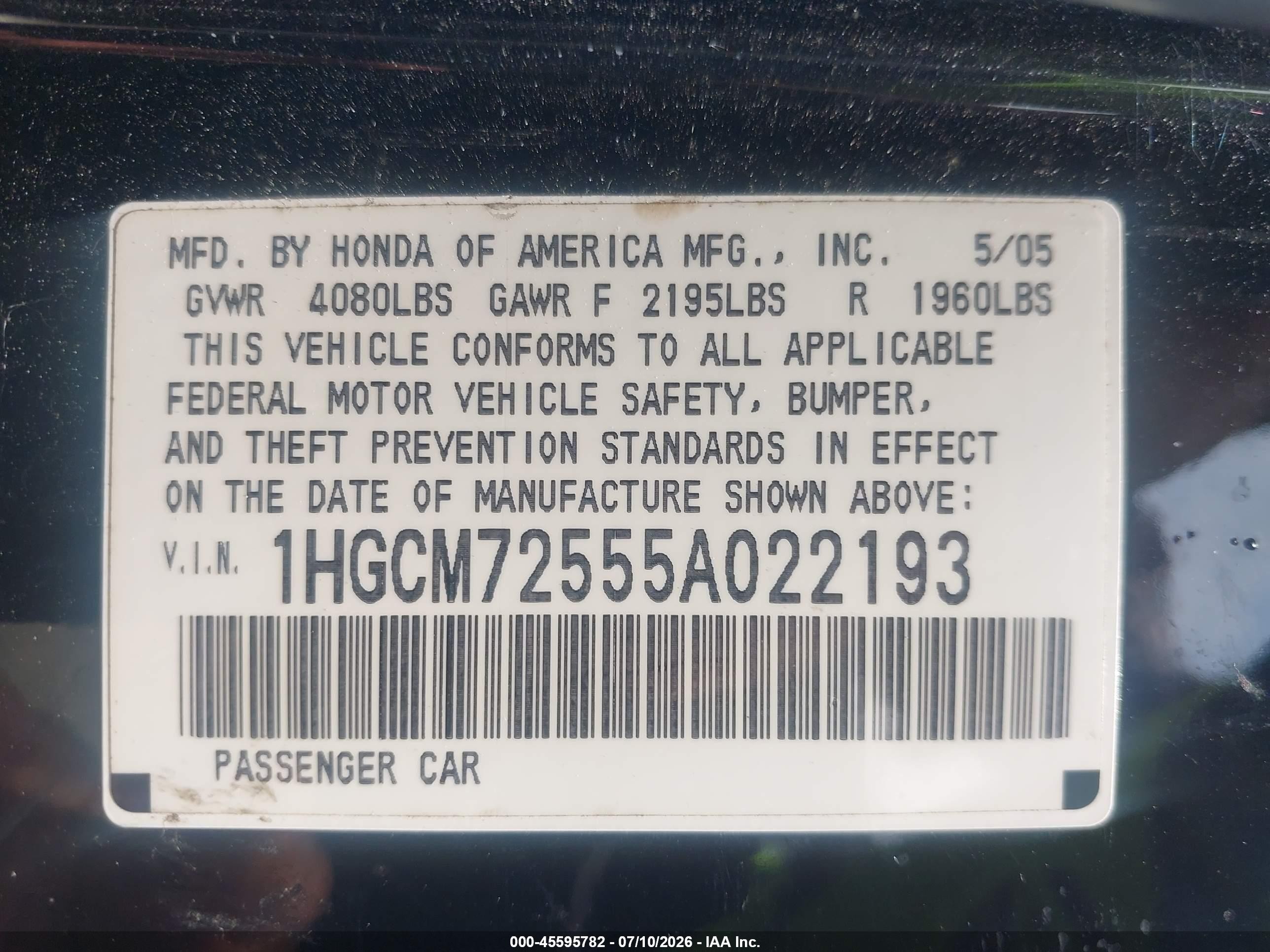 2005 Honda Accord 2.4 Lx Special Edition Черный vin: 1HGCM72555A022193