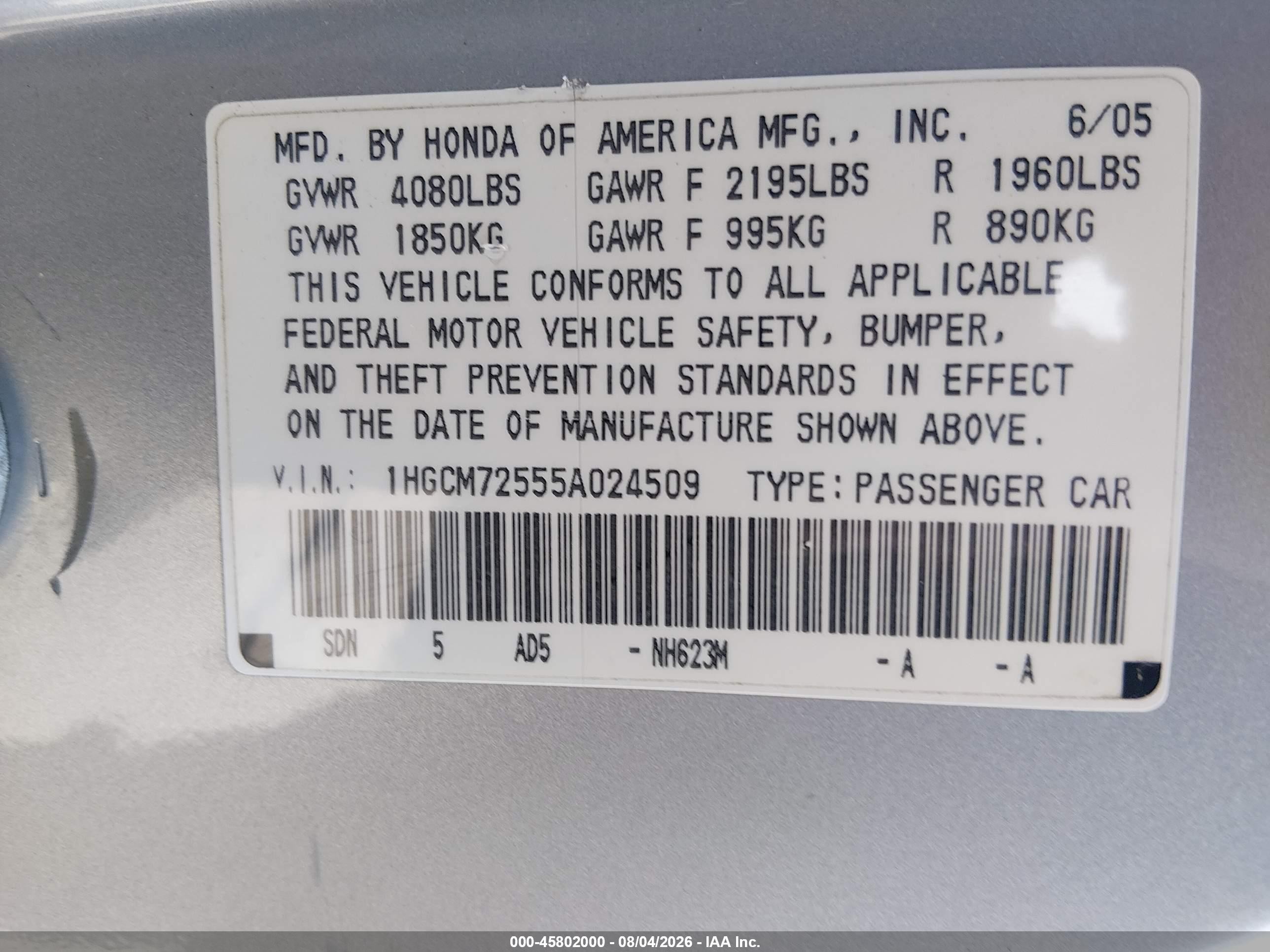 2005 Honda Accord 2.4 Lx Special Edition Gray vin: 1HGCM72555A024509
