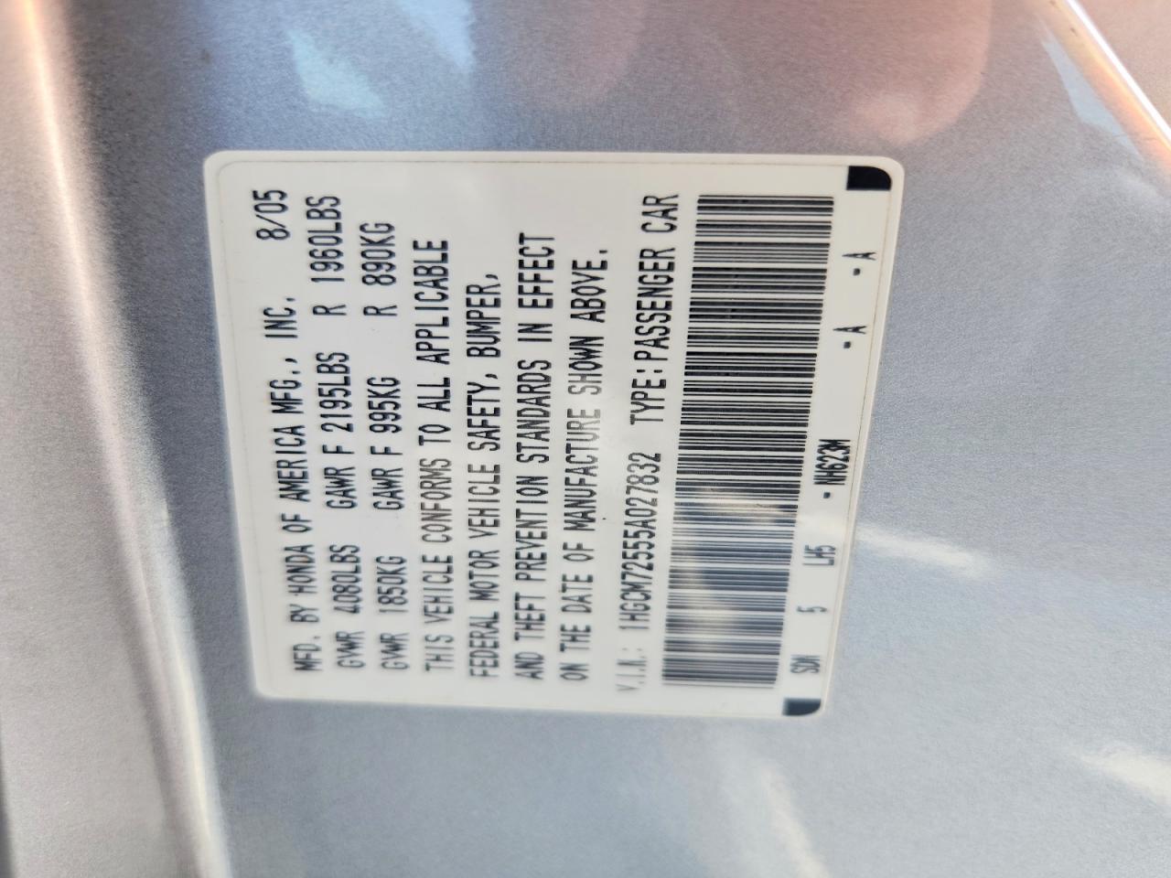 2005 Honda Accord Lx Silver vin: 1HGCM72555A027832