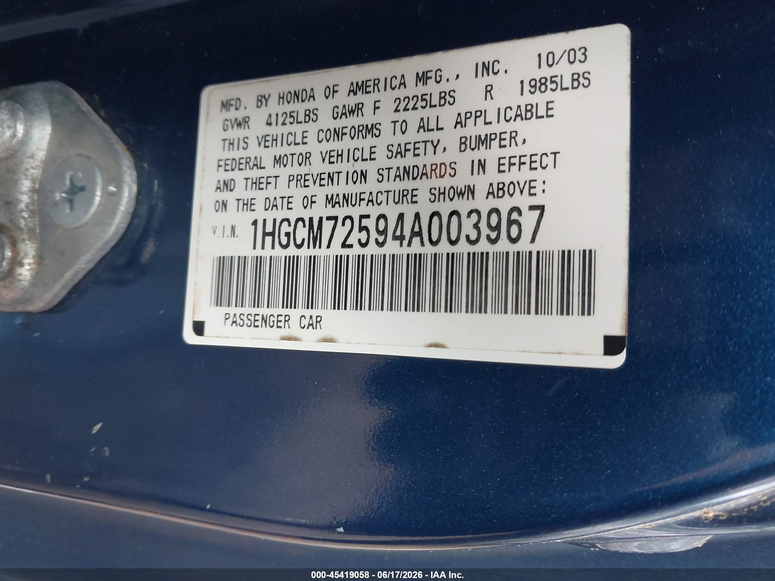 2004 Honda Accord 2.4 Ex Blue vin: 1HGCM72594A003967