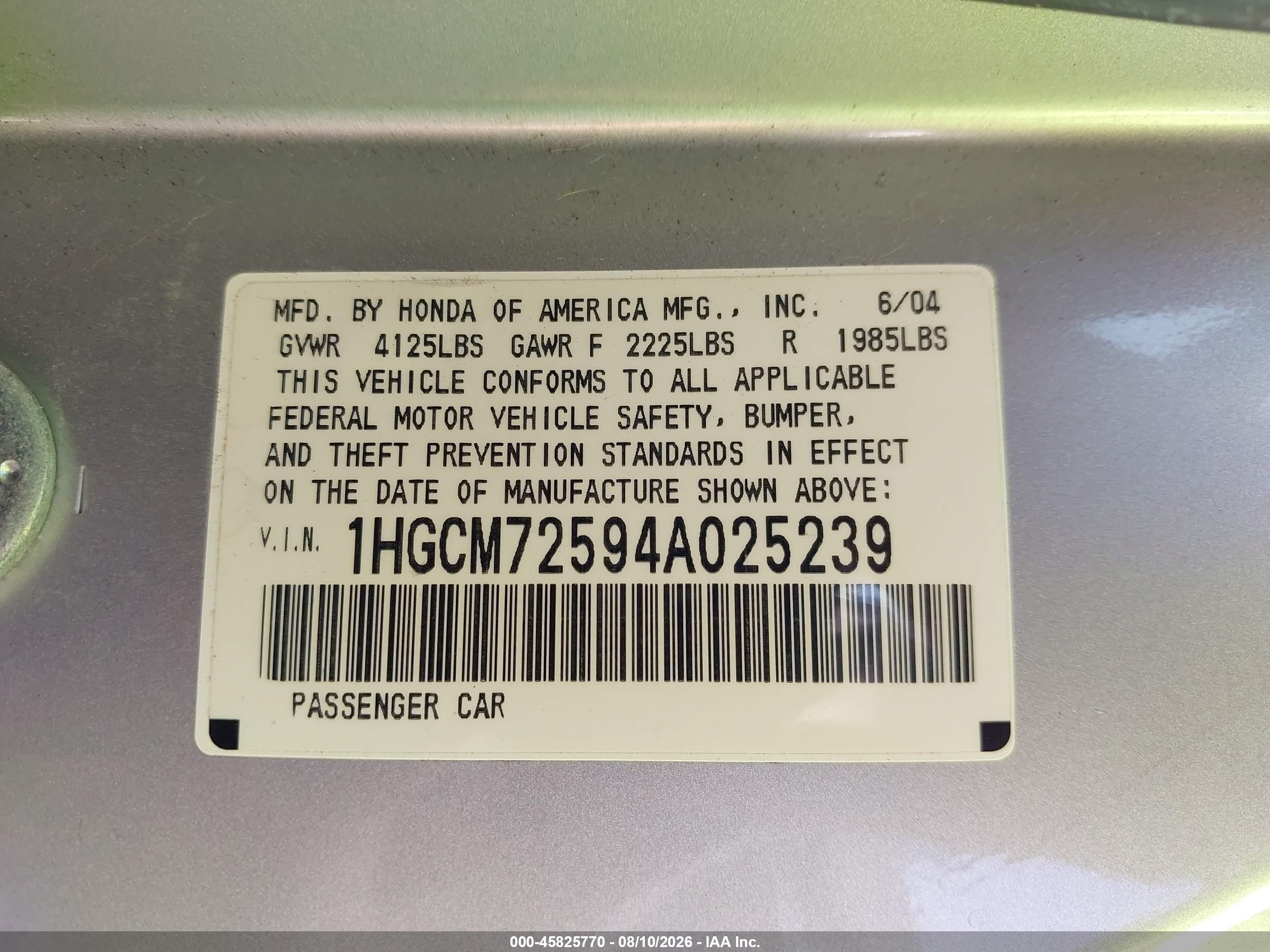 2004 Honda Accord 2.4 Ex Silver vin: 1HGCM72594A025239