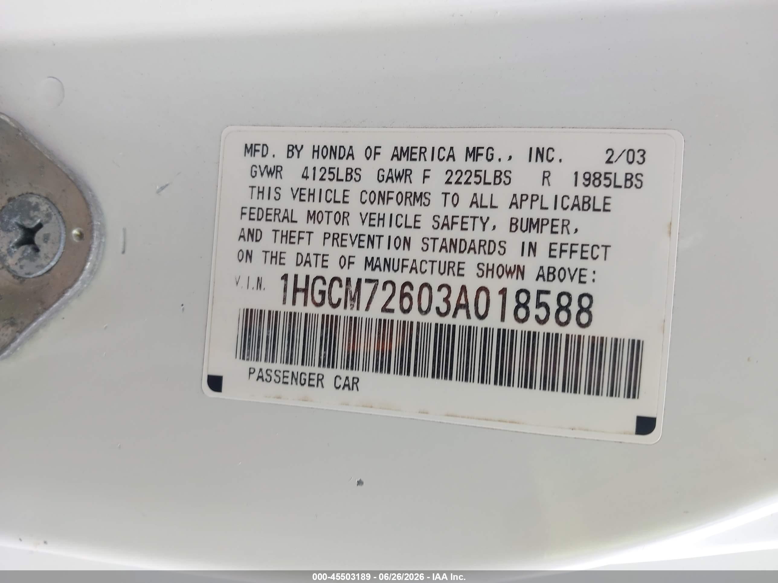 2003 Honda Accord 2.4 Ex White vin: 1HGCM72603A018588