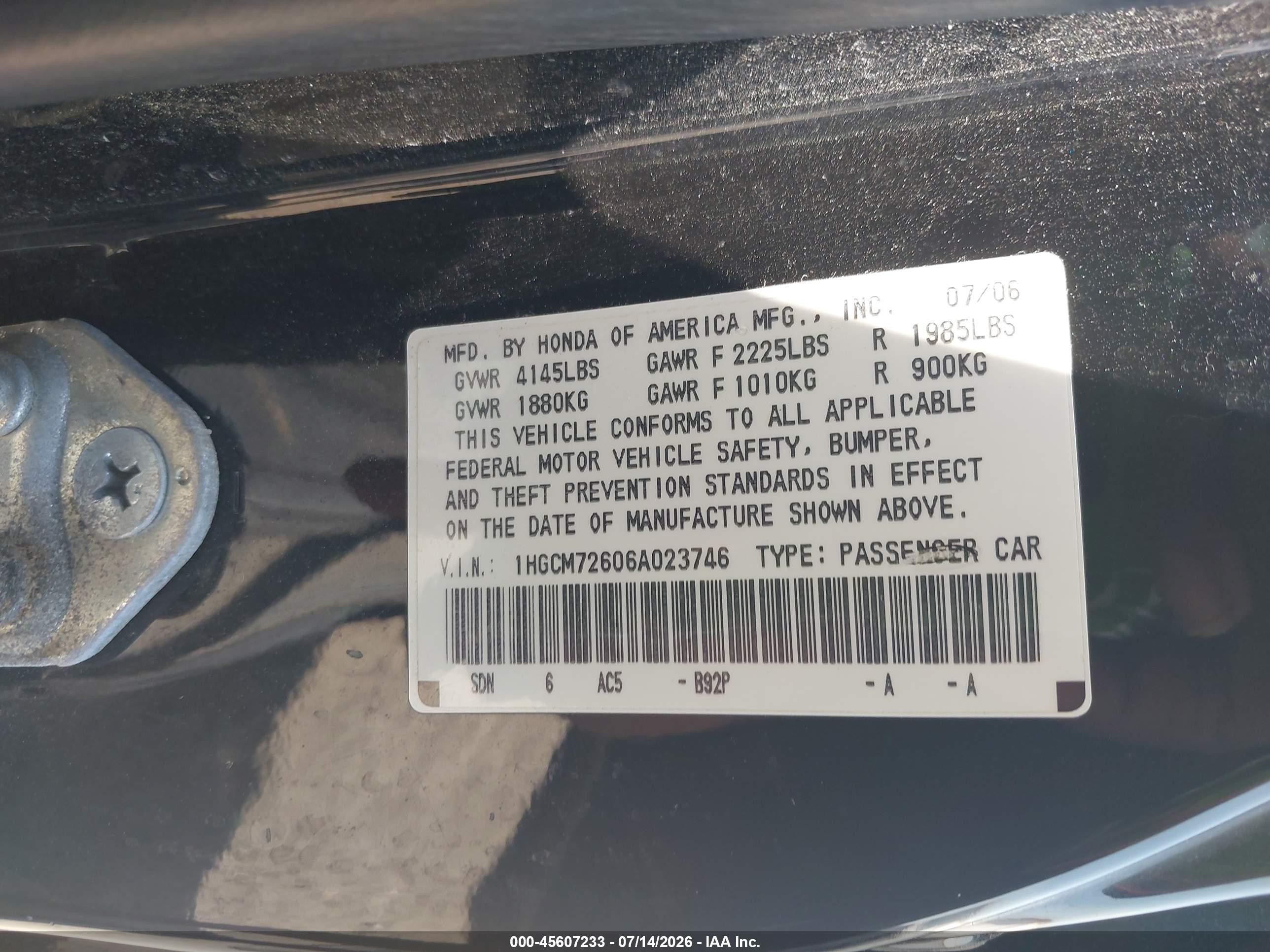 2006 Honda Accord 2.4 Ex Черный vin: 1HGCM72606A023746