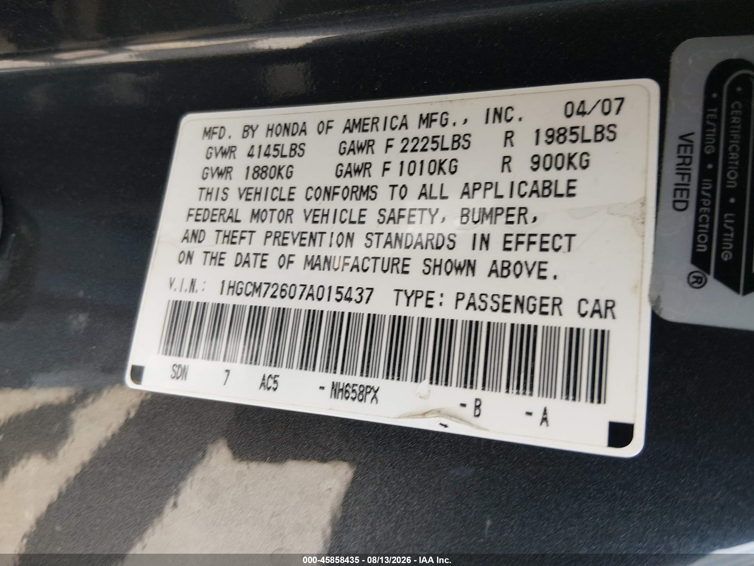 2007 Honda Accord 2.4 Ex Gray vin: 1HGCM72607A015437