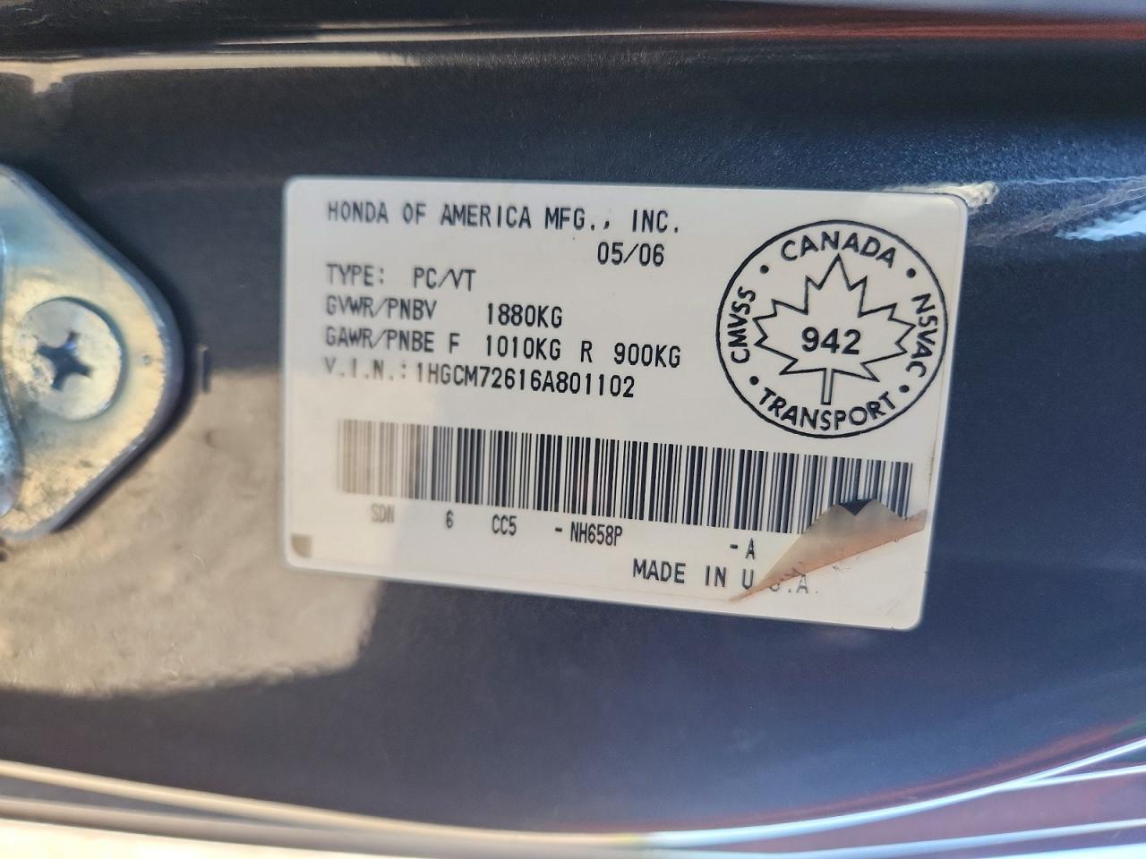 2006 Honda Accord Ex Серый vin: 1HGCM72616A801102