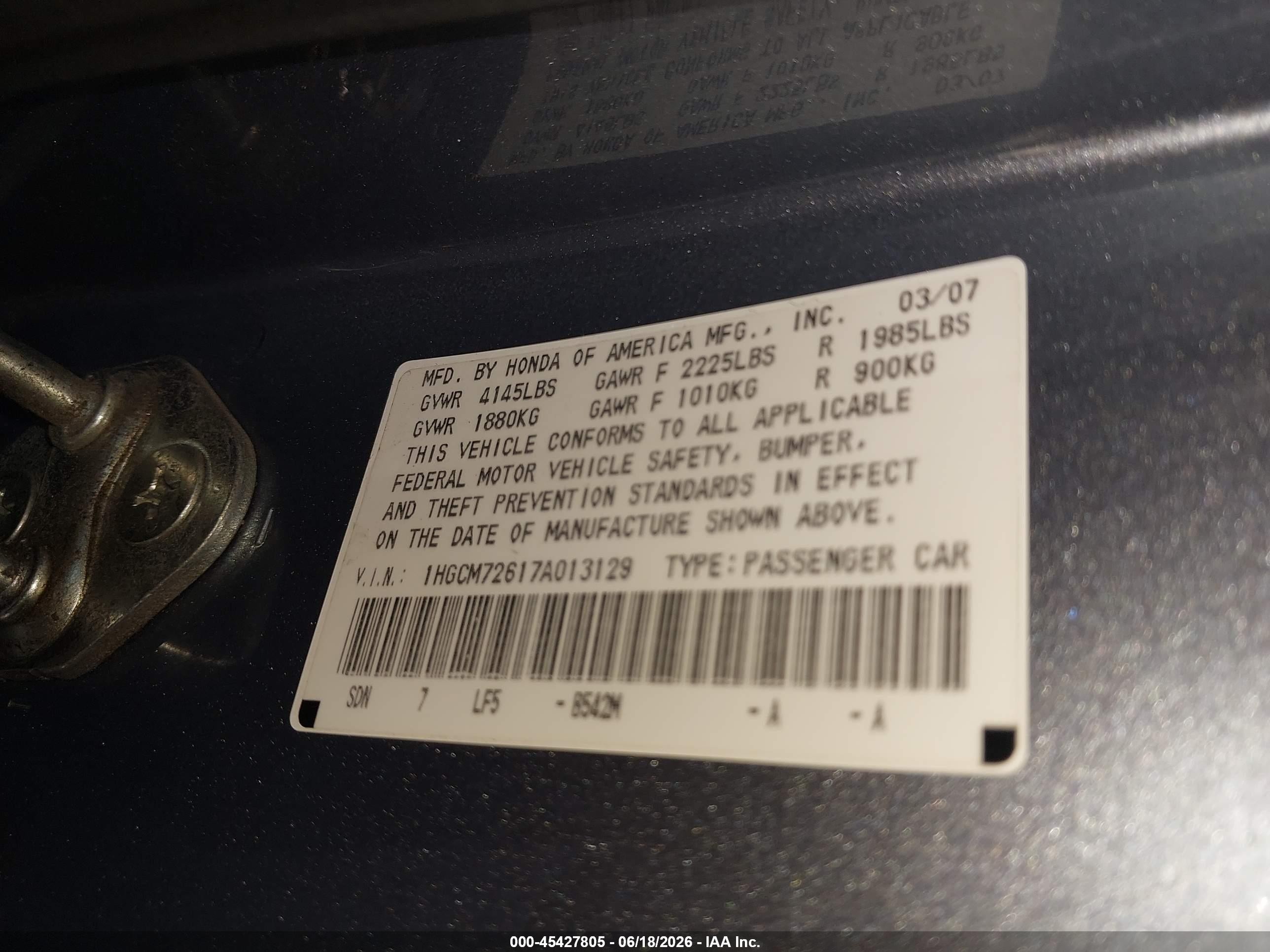 2007 Honda Accord 2.4 Ex Синий vin: 1HGCM72617A013129