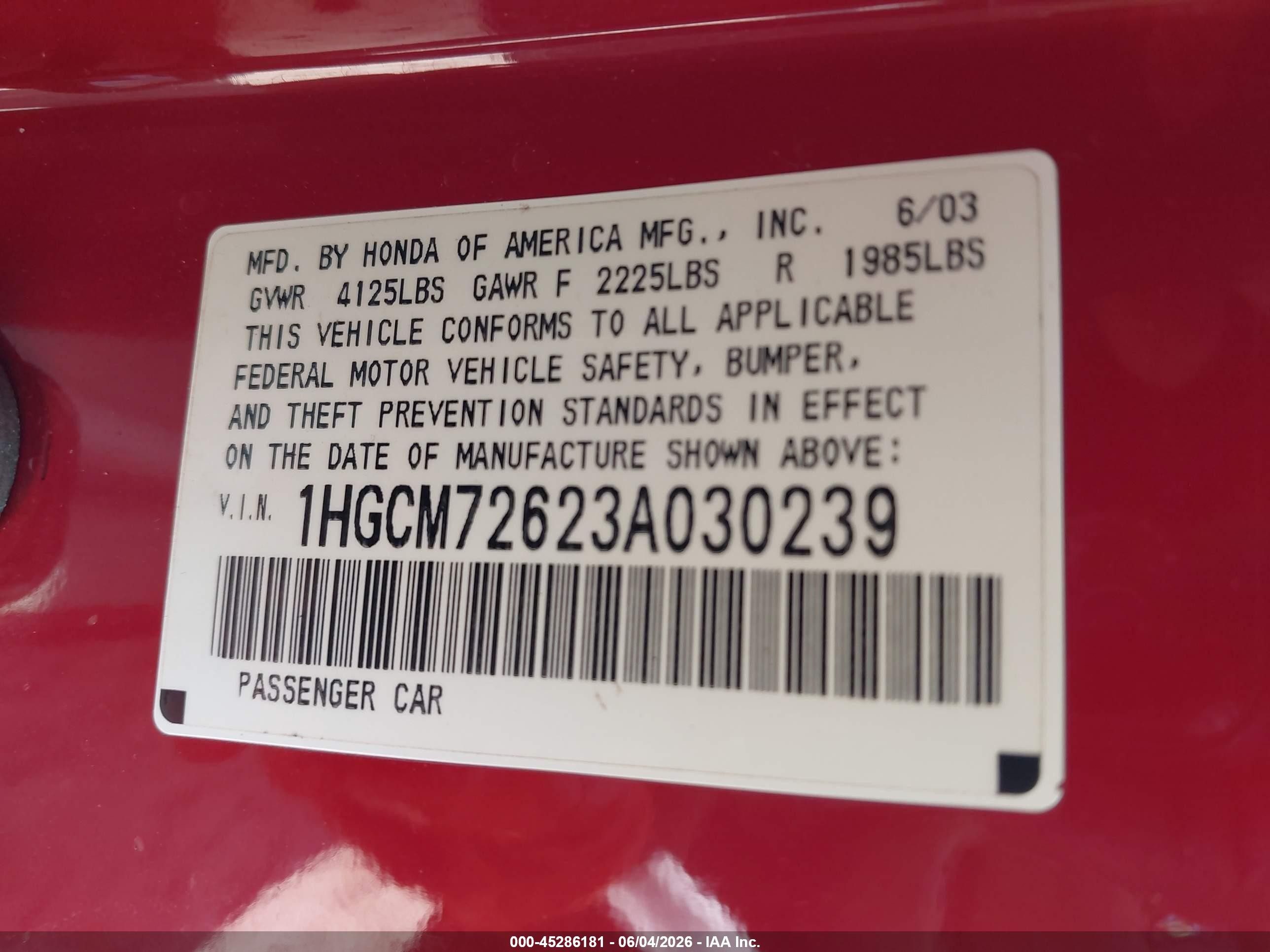 2003 Honda Accord 2.4 Ex Red vin: 1HGCM72623A030239