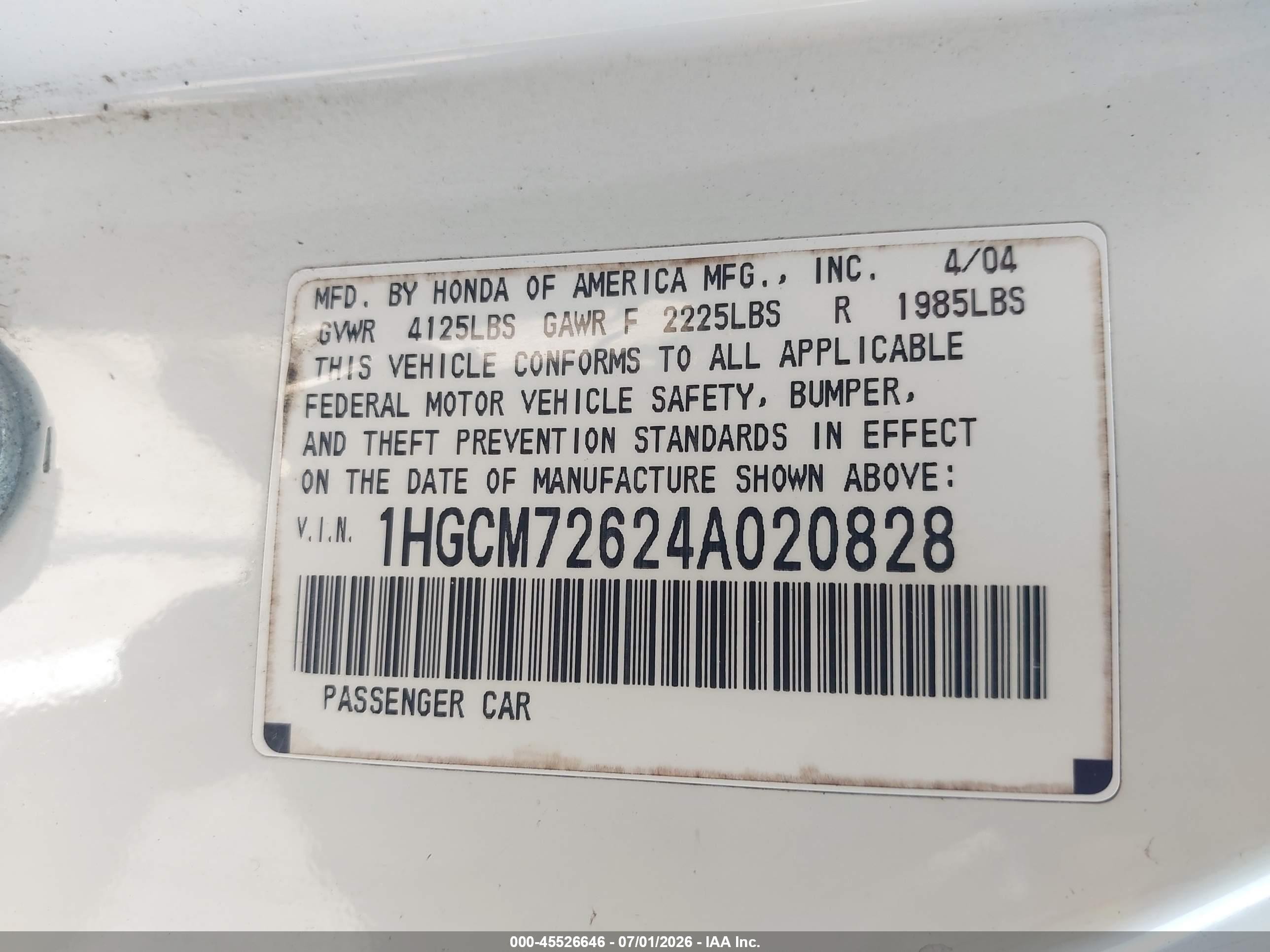 2004 Honda Accord 2.4 Ex White vin: 1HGCM72624A020828