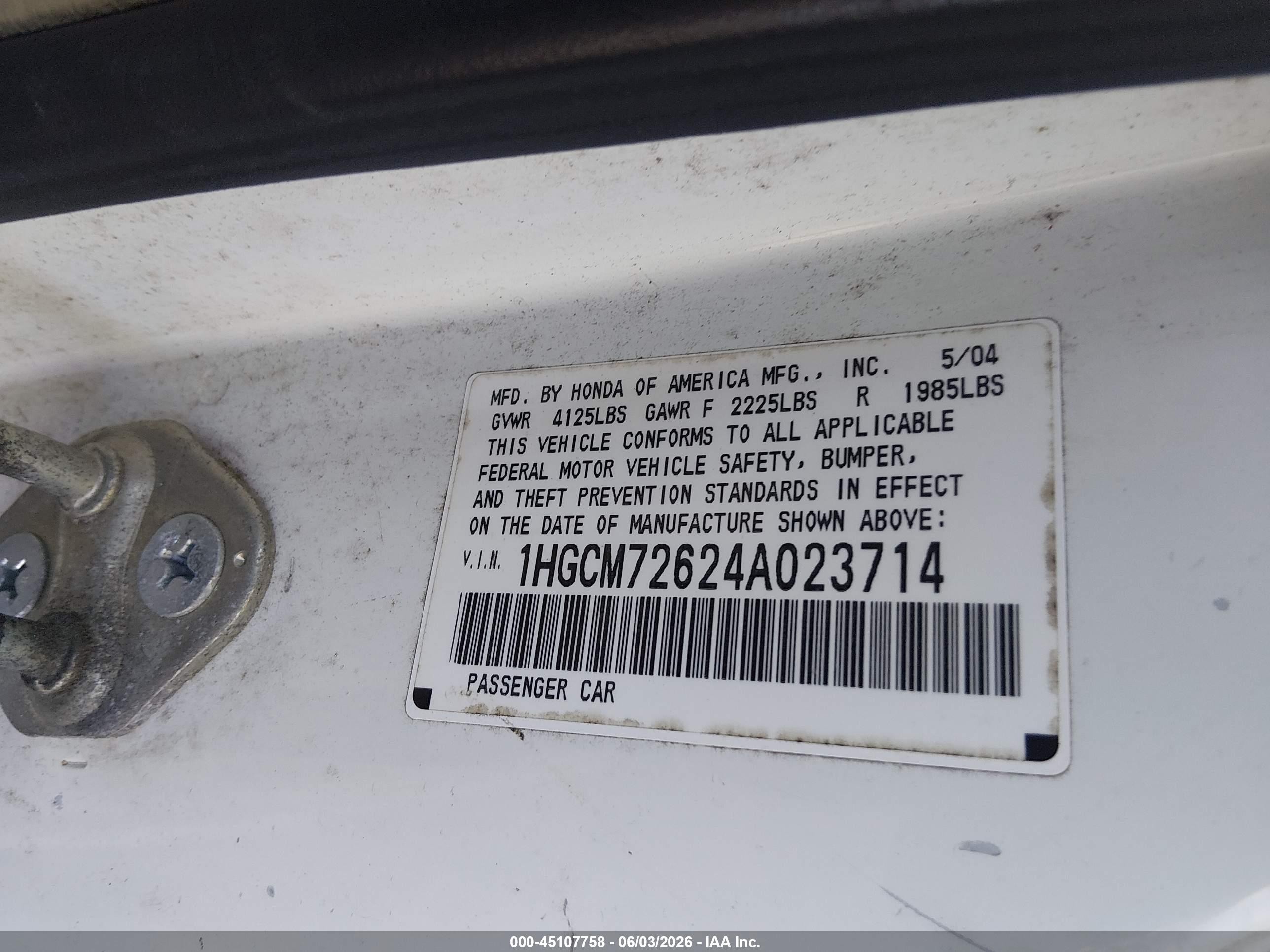 2004 Honda Accord 2.4 Ex White vin: 1HGCM72624A023714